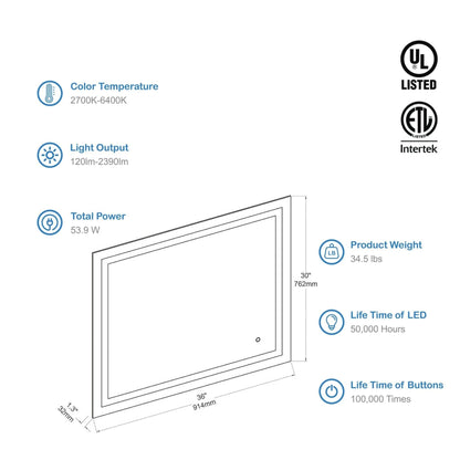 Blossom Lyra 36" x 30" Wall-Mounted Rectangle LED Mirror