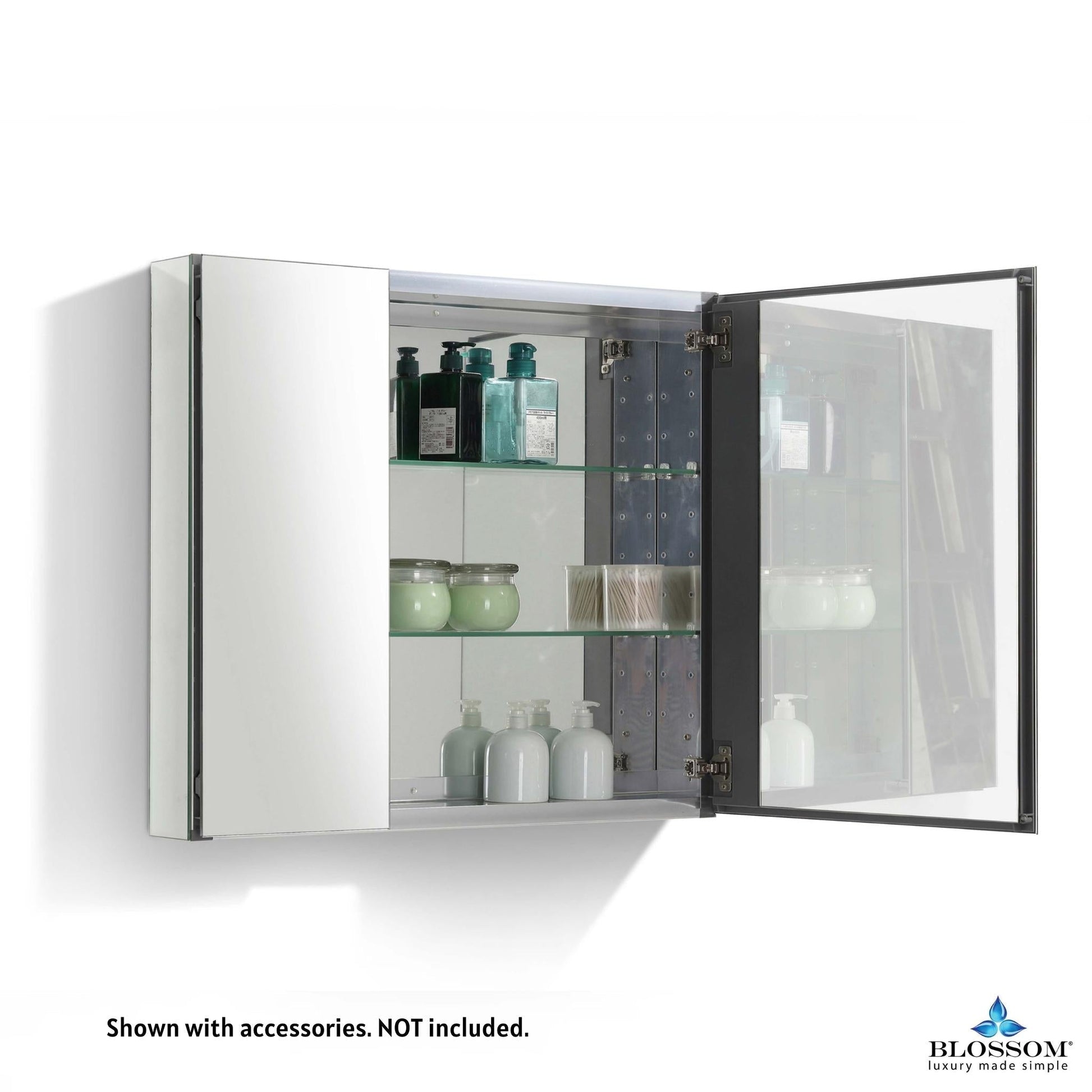 Blossom MC7 25" x 26" Recessed or Surface Mount 2-Door Aluminum Medicine Cabinet With Mirror, 2 Adjustable Glass Shelves and Soft-Closing Hinges