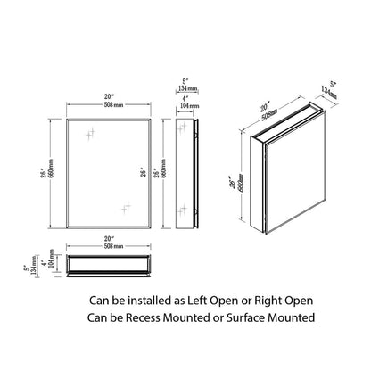 Blossom MC8 20" x 26" Recessed or Surface Mount Left or Right-Hand Swing Door Aluminum Medicine Cabinet With Mirror, Adjustable Hinges and Adjustable Glass Shelves