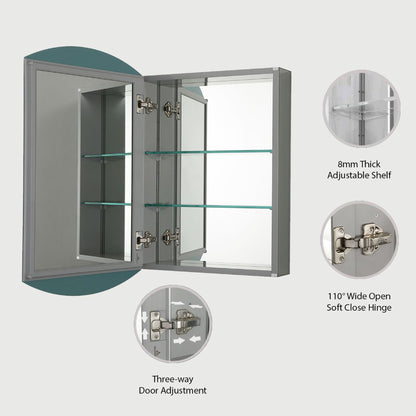 Blossom MC8 20" x 31" Recessed or Surface Mount Left or Right-Hand Swing Door Aluminum Medicine Cabinet With Mirror, Adjustable Hinges and Adjustable Glass Shelves