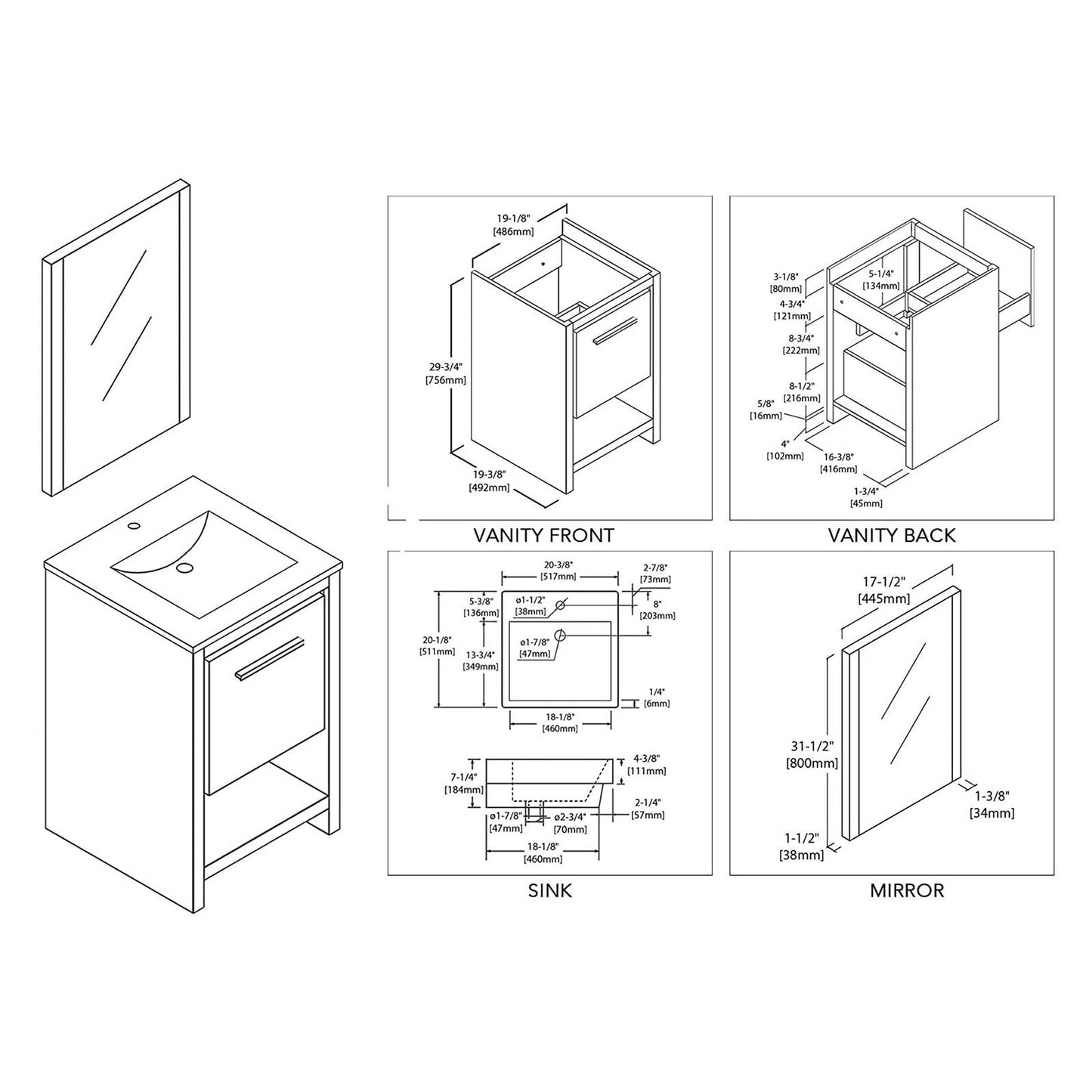 Blossom Milan 20" 1-Drawer White Freestanding Vanity Set With Ceramic Drop-In Single Sink And Mirror