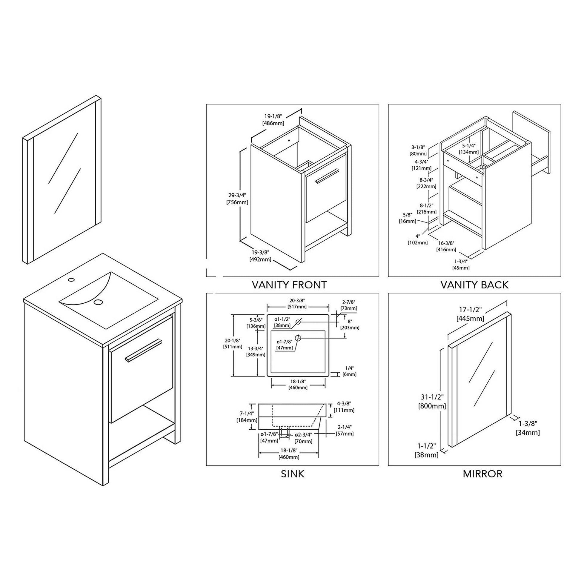 Blossom Milan 20" 1-Drawer White Freestanding Vanity Set With Ceramic Drop-In Single Sink And Mirror