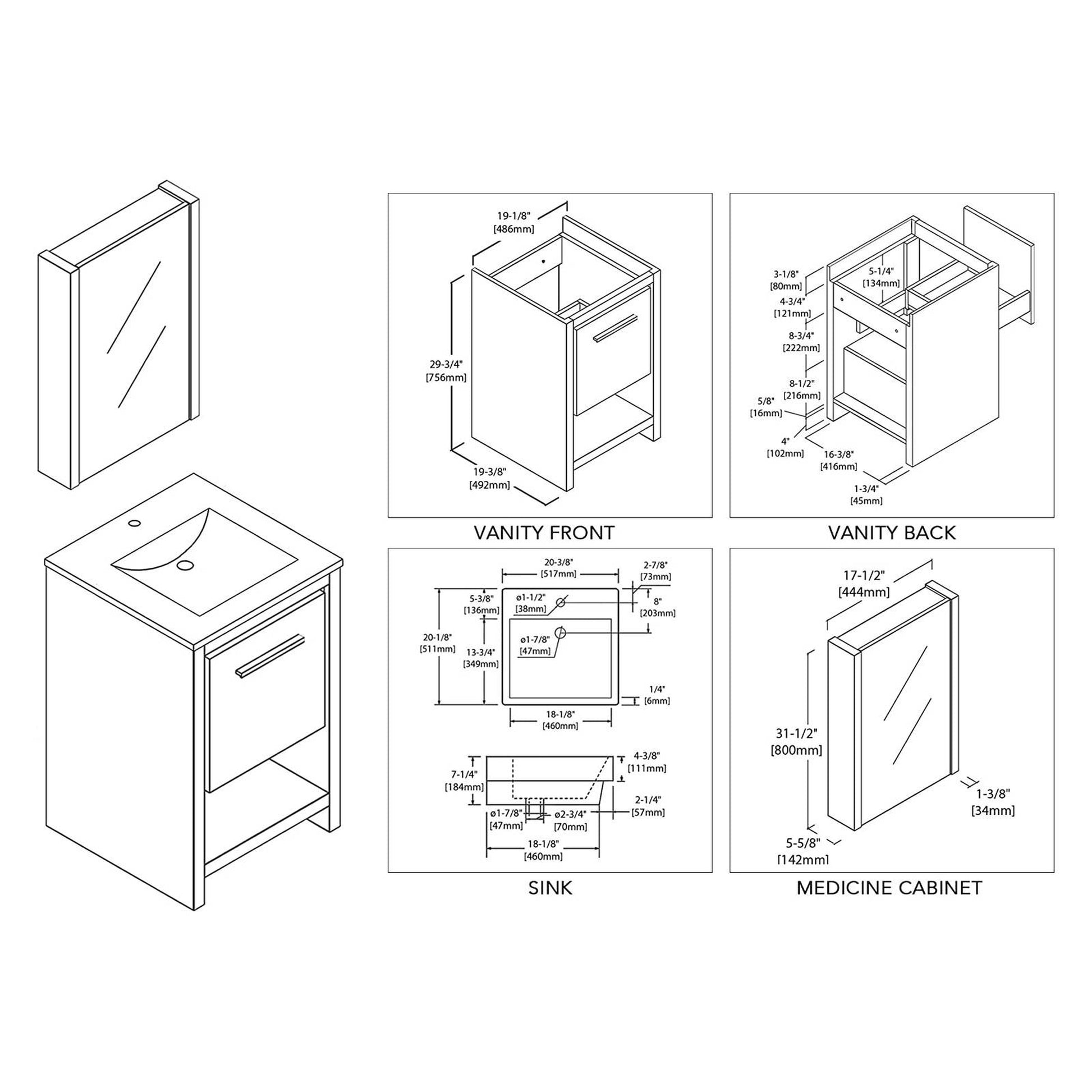 Blossom Milan 20" 1-Drawer White Freestanding Vanity Set With Ceramic Drop-In Single Sink And Mirrored Medicine Cabinet