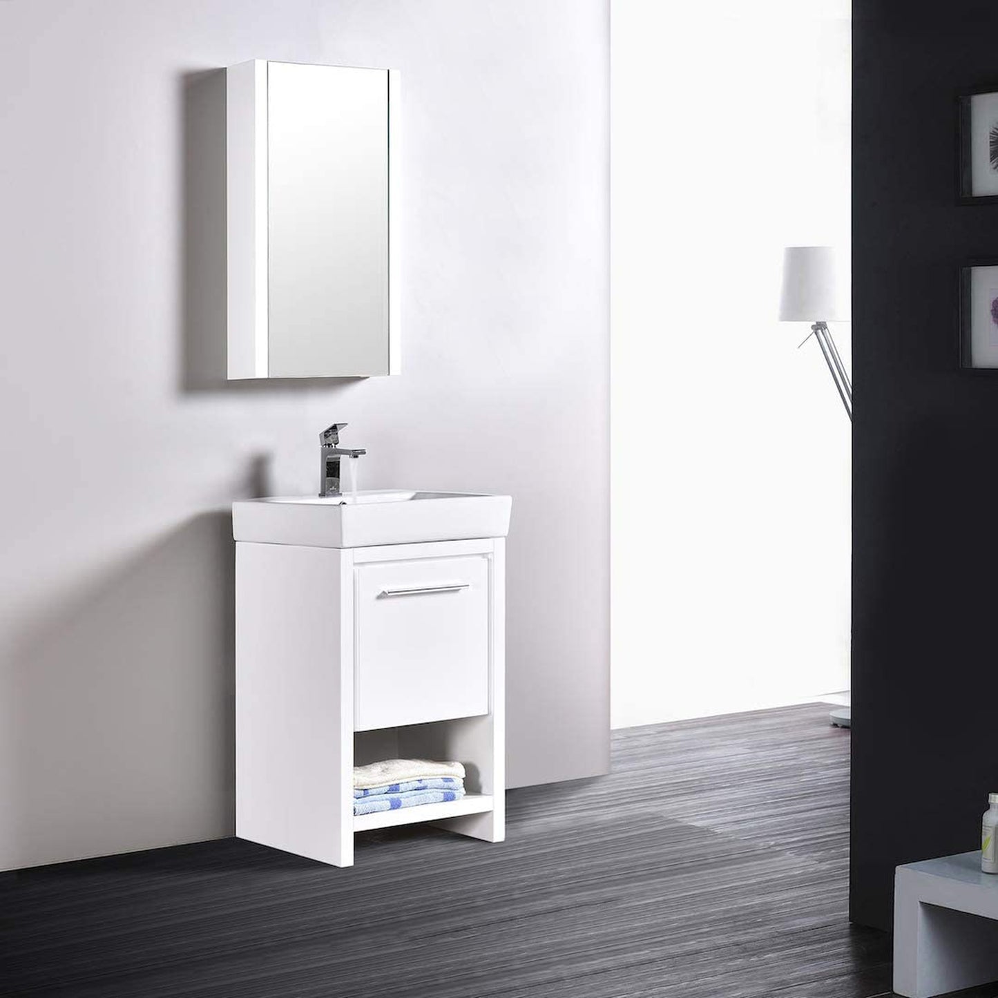 Blossom Milan 20" 1-Drawer White Freestanding Vanity Set With Ceramic Drop-In Single Sink And Mirrored Medicine Cabinet