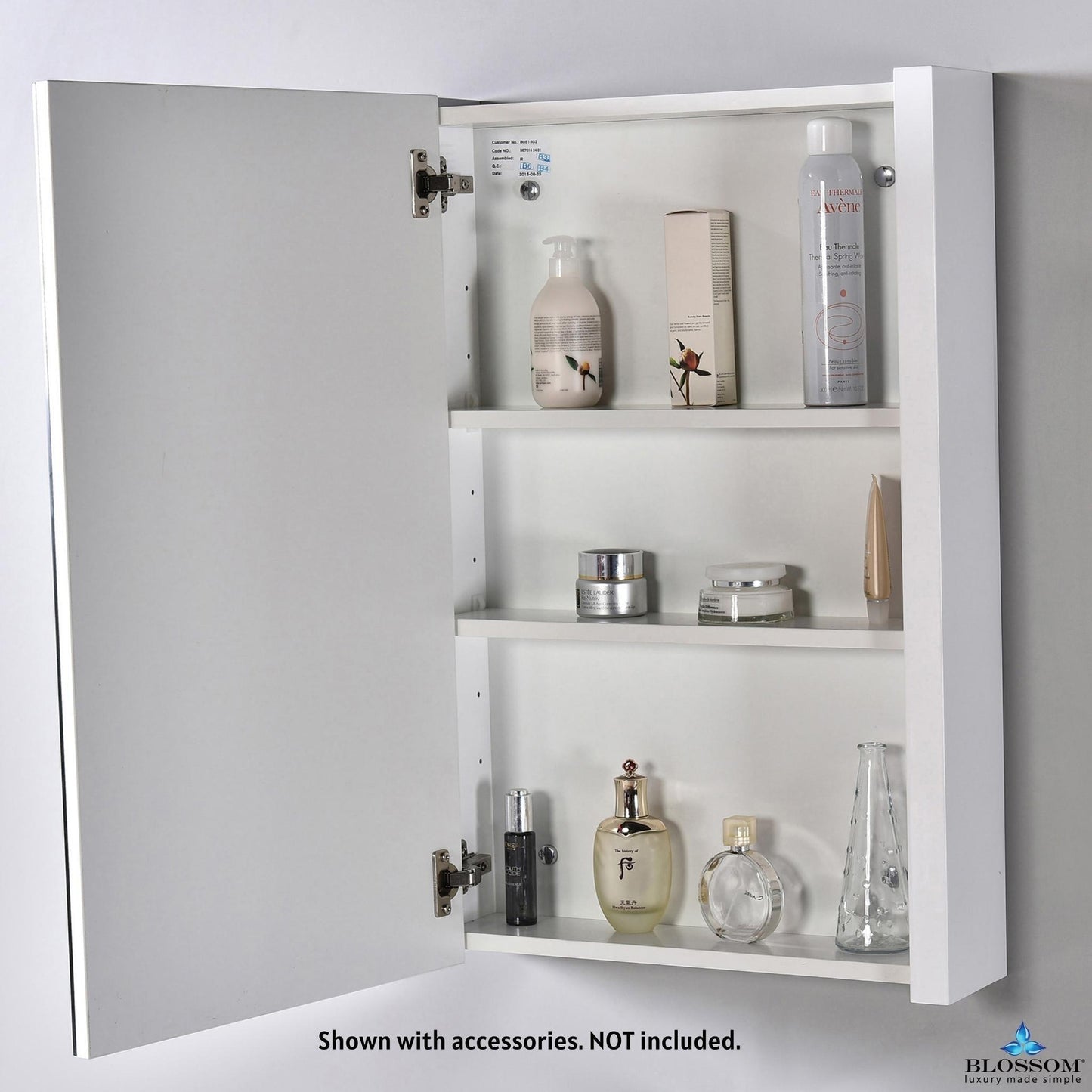 Blossom Milan 20" x 32" White Recessed or Surface Mount Single Door Mirror Medicine Cabinet With Adjustable Wood Shelves and Soft-Closing Hinges
