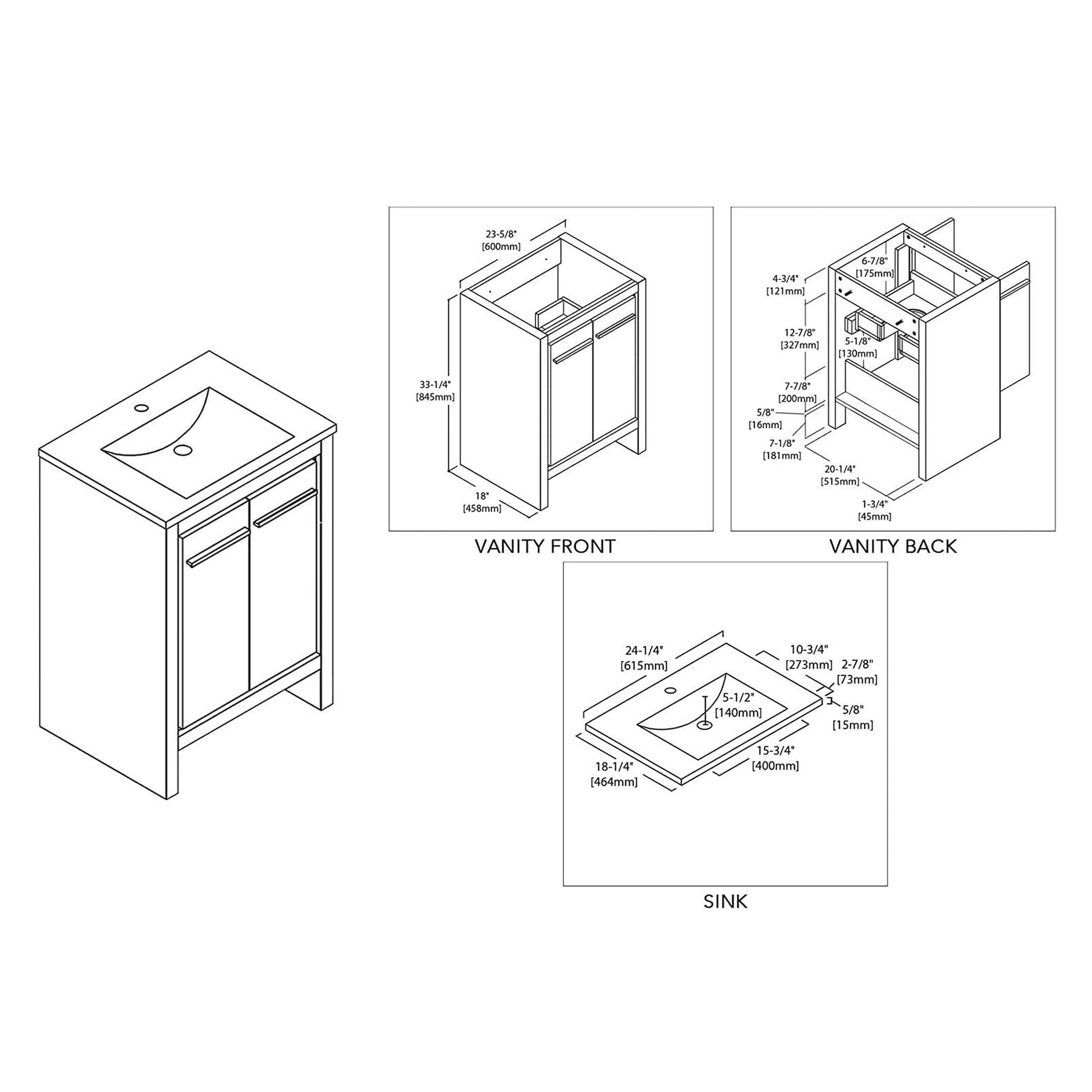 Blossom Milan 24" 2-Door 1-Drawer White Freestanding Vanity With Ceramic Drop-In Single Sink