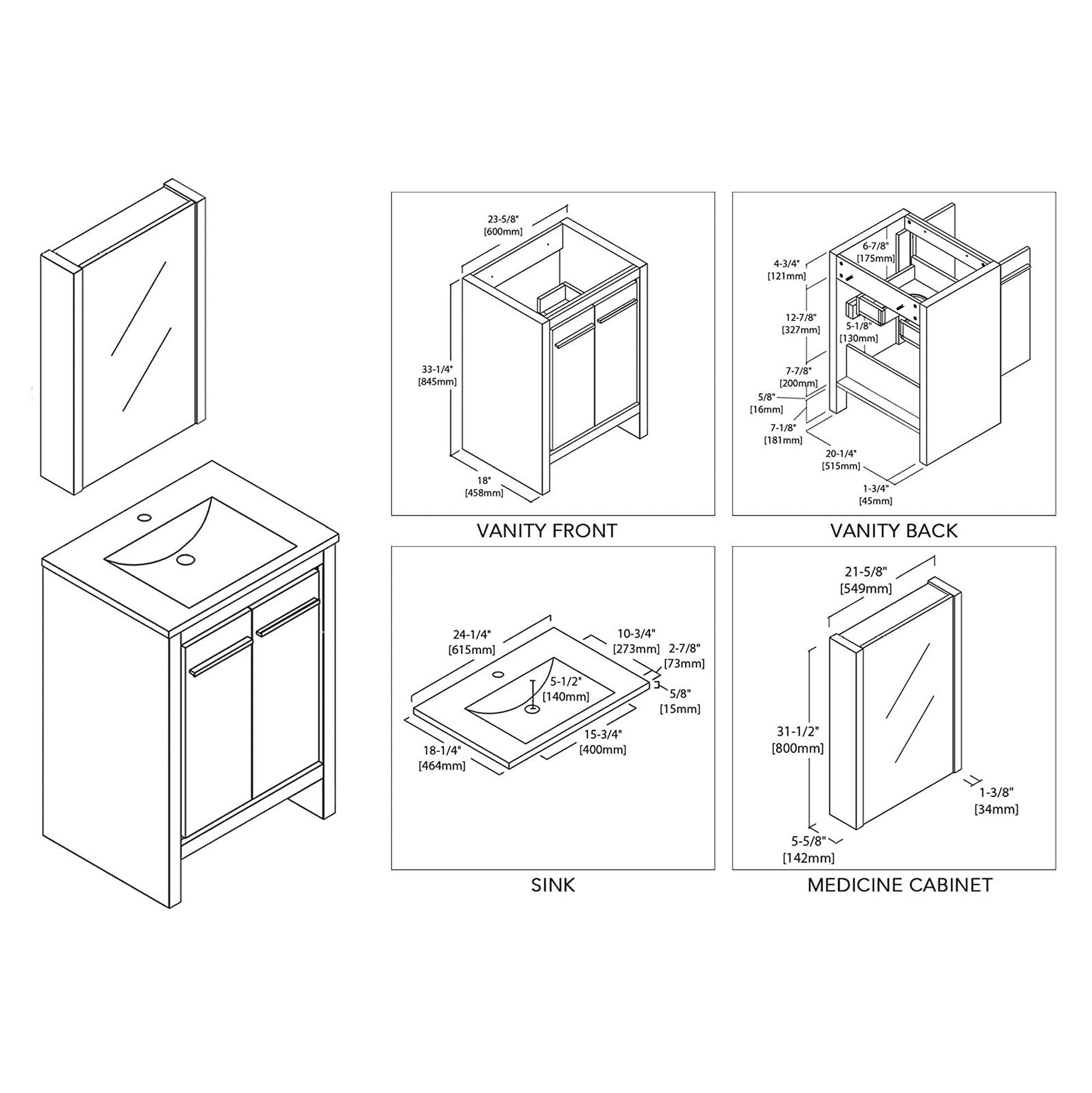 Blossom Milan 24" 2-Door 1-Drawer White Freestanding Vanity With Ceramic Drop-In Single Sink And Mirrored Medicine Cabinet