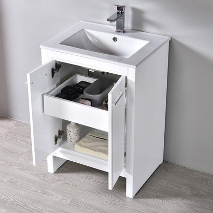 Blossom Milan 24" 2-Door 1-Drawer White Freestanding Vanity With Ceramic Drop-In Single Sink And Mirrored Medicine Cabinet