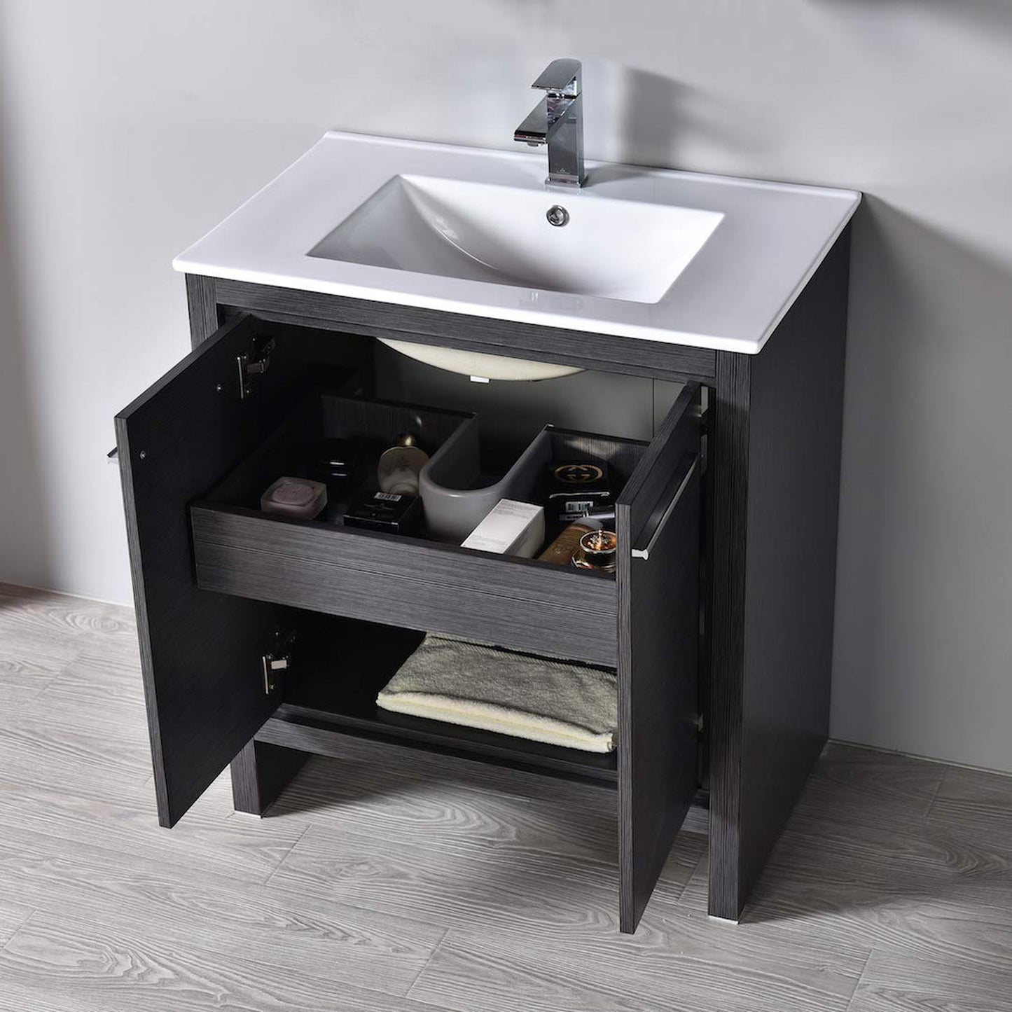 Blossom Milan 30" 2-Door 1-Drawer Silver Gray Freestanding Vanity With Ceramic Drop-In Single Sink And Mirror