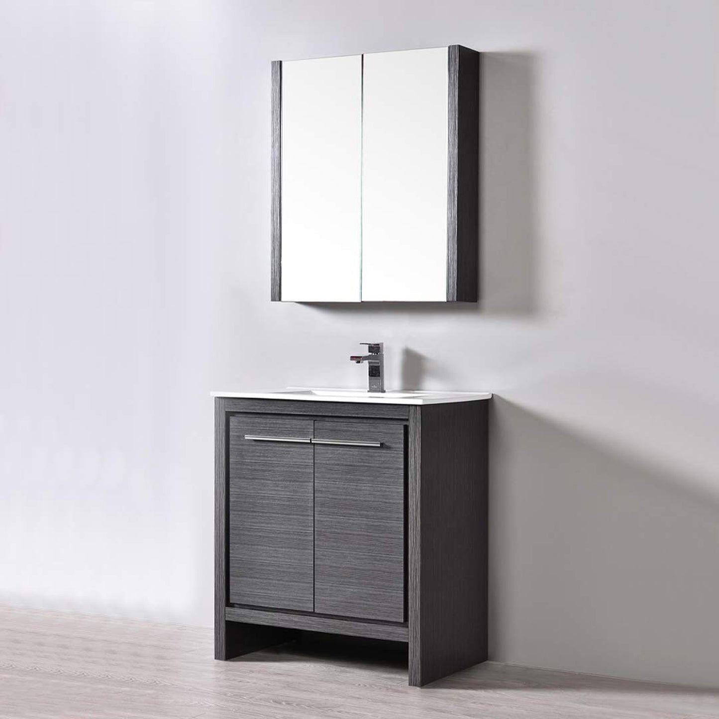 Blossom Milan 30" 2-Door 1-Drawer Silver Gray Freestanding Vanity With Ceramic Drop-In Single Sink And Mirrored Medicine Cabinet