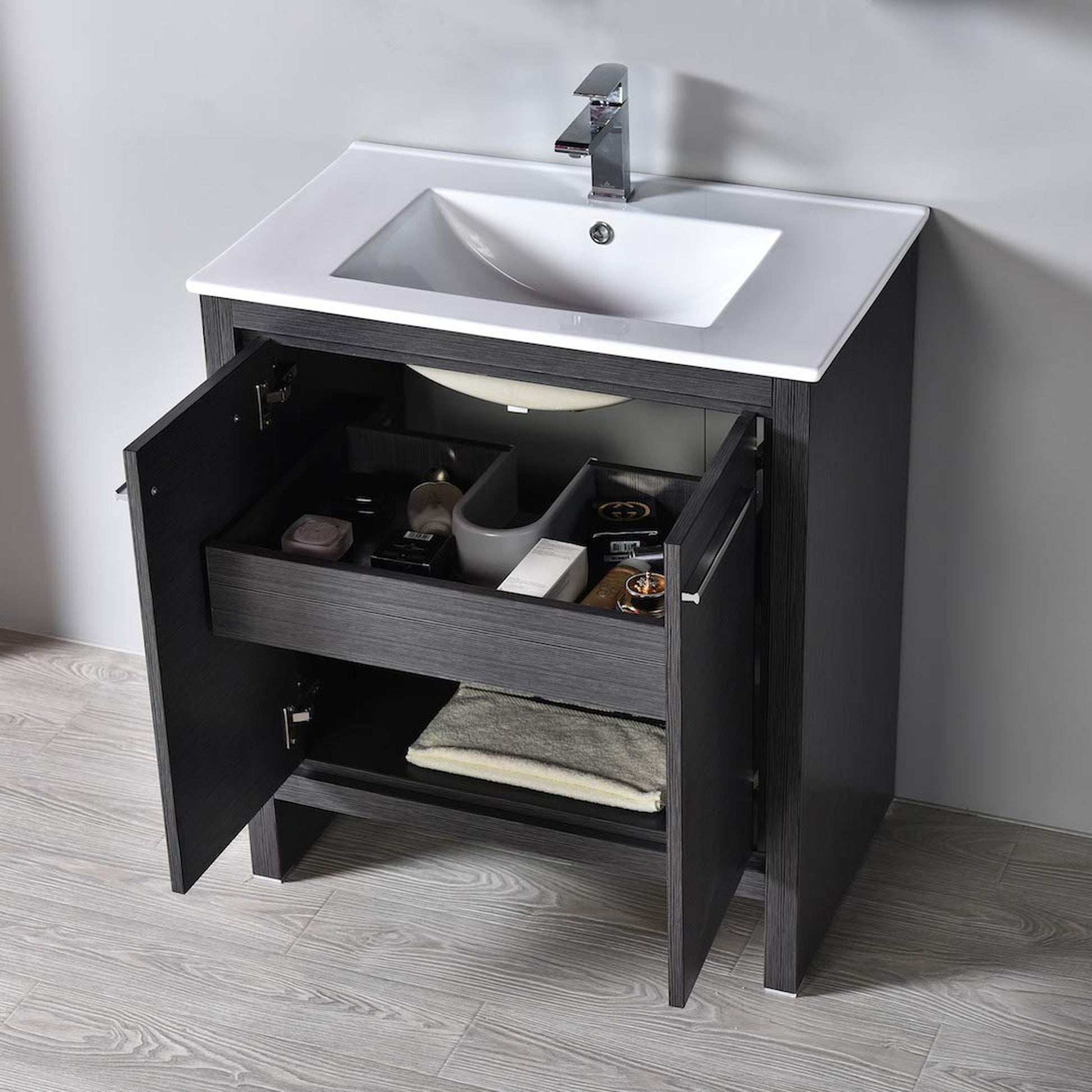 Blossom Milan 30" 2-Door 1-Drawer Silver Gray Freestanding Vanity With Ceramic Drop-In Single Sink And Mirrored Medicine Cabinet