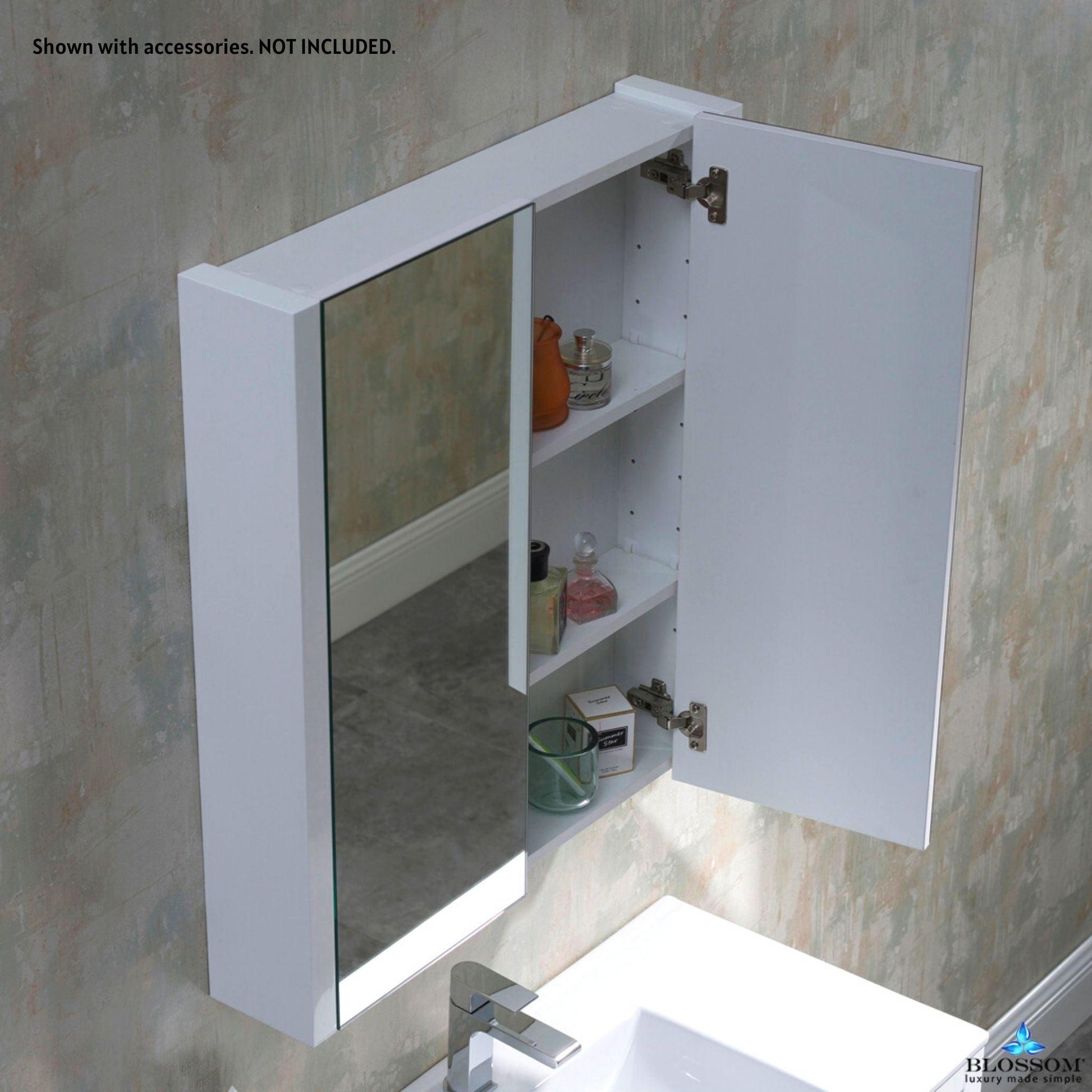 Blossom Milan 30" x 32" Glossy White Recessed or Surface Mount 2-Door Mirror Medicine Cabinet With Adjustable Wood Shelves and Soft-Closing Hinges