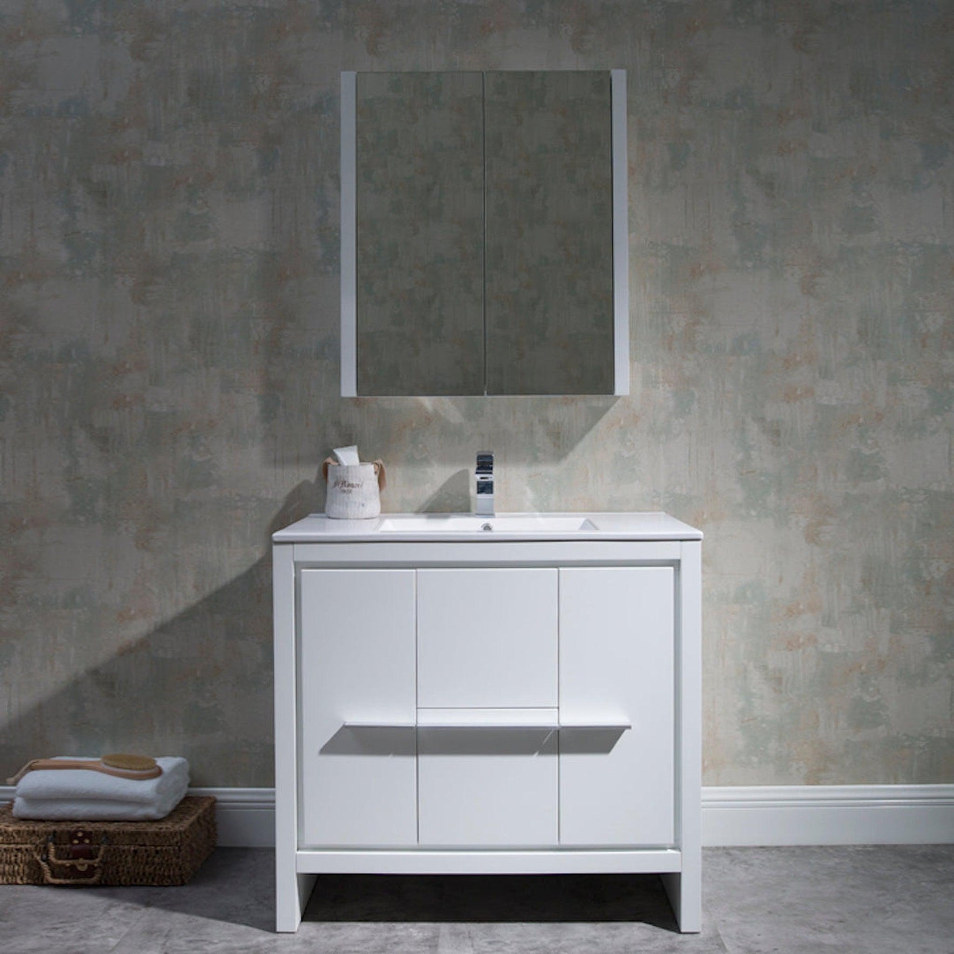 Blossom Milan 36" 2-Door 2-Drawer White Freestanding Vanity With Ceramic Drop-In Single Sink And Mirrored Medicine Cabinet