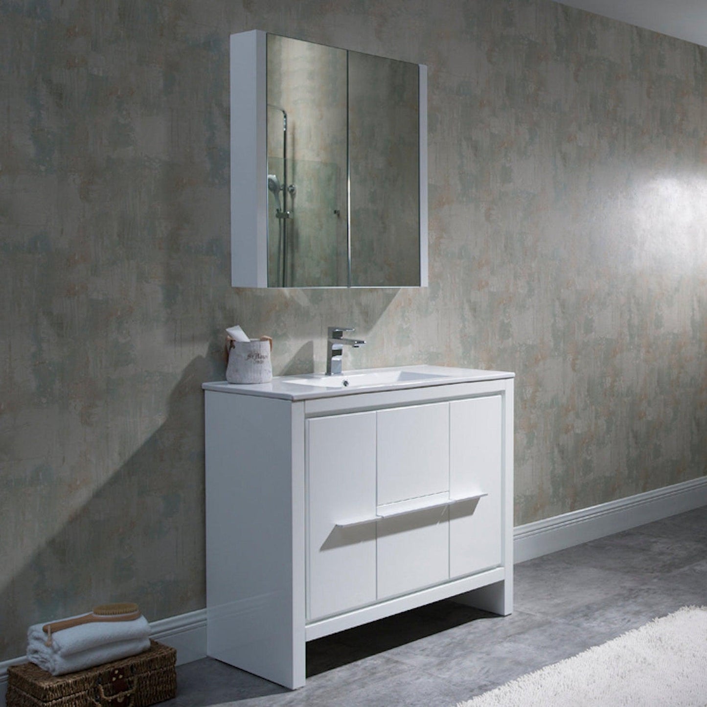 Blossom Milan 36" 2-Door 2-Drawer White Freestanding Vanity With Ceramic Drop-In Single Sink And Mirrored Medicine Cabinet