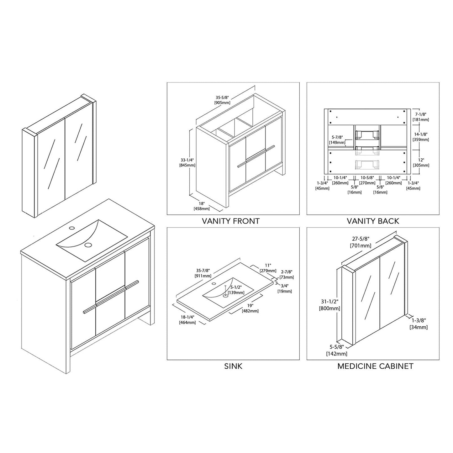 Blossom Milan 36" 2-Door 2-Drawer White Freestanding Vanity With Ceramic Drop-In Single Sink And Mirrored Medicine Cabinet