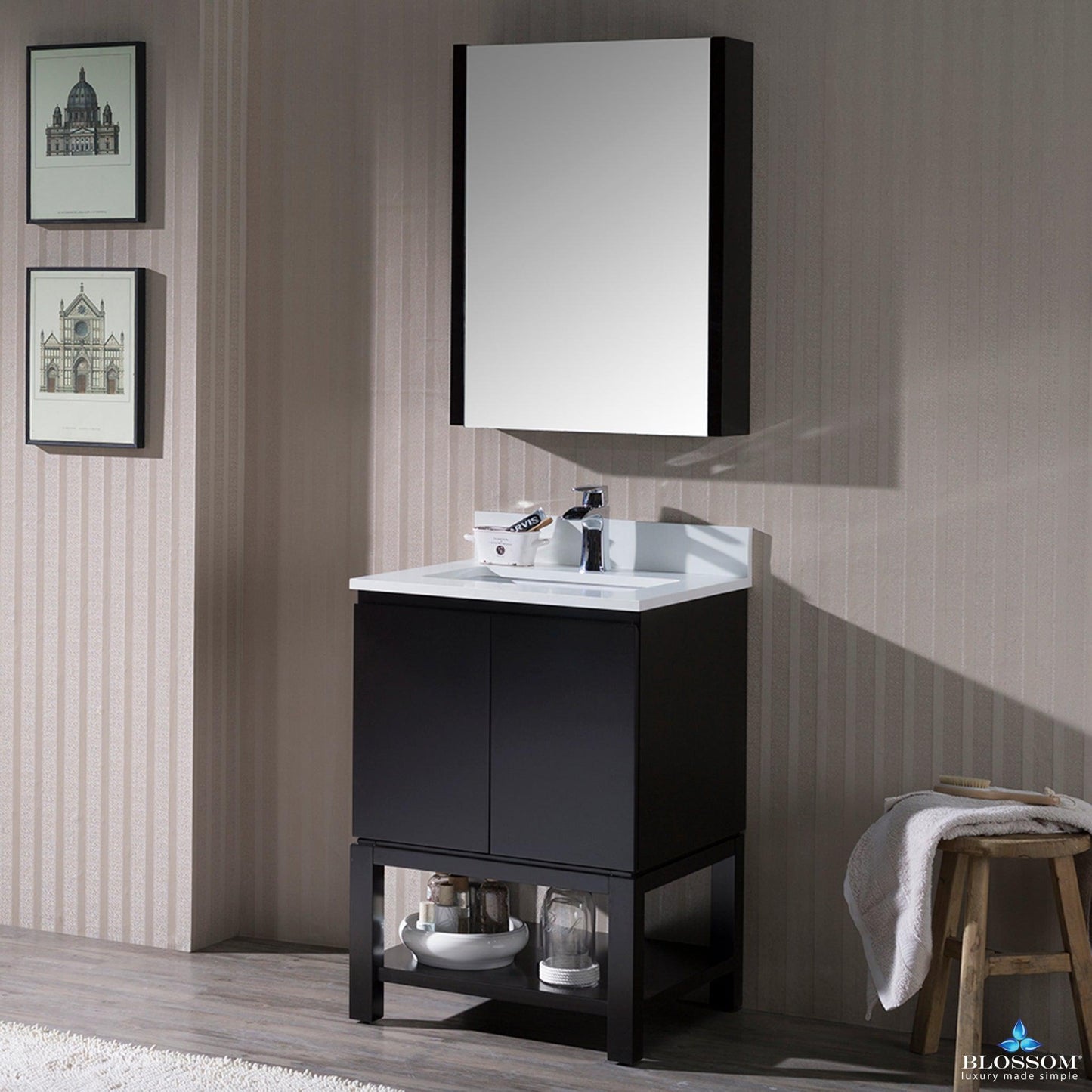 Blossom Monaco 24" 1-Door 2-Drawer Espresso Vanity Base With Wood Legs