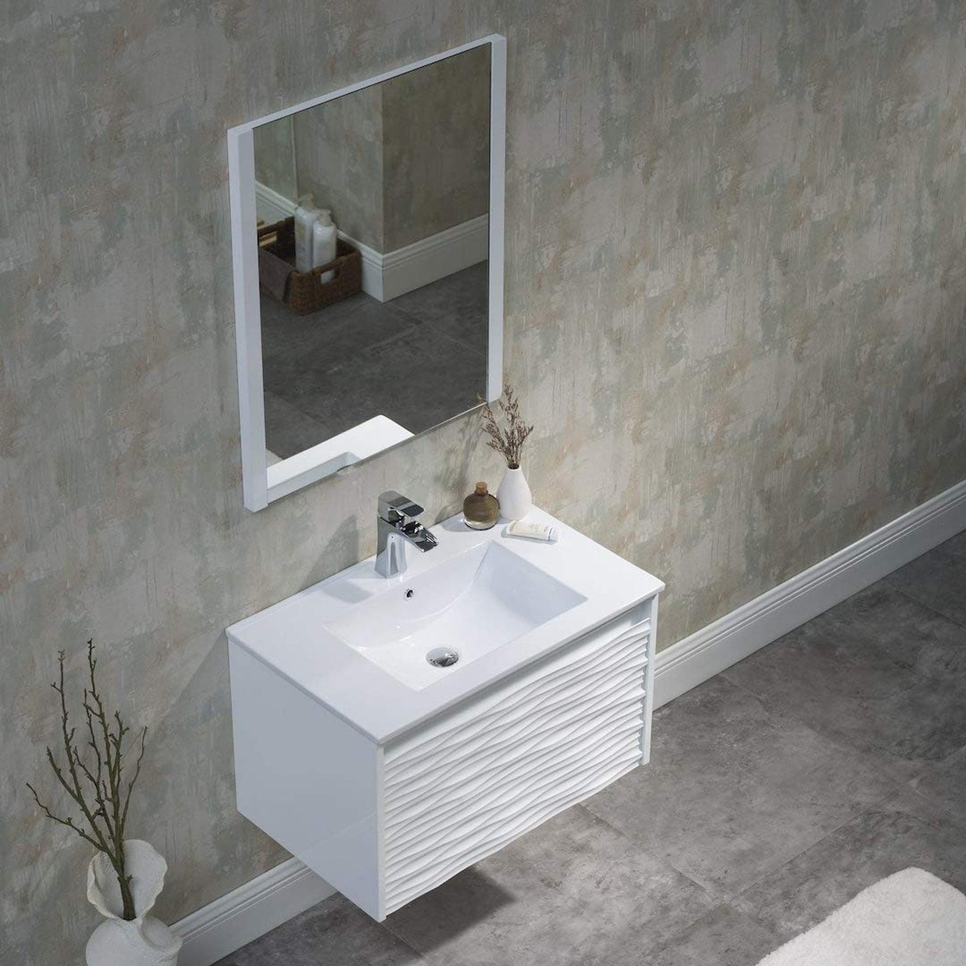 Blossom Paris 30" 1-Drawer White Wall-Mounted Vanity Set With Ceramic Top, Integrated Single Sink and Mirror