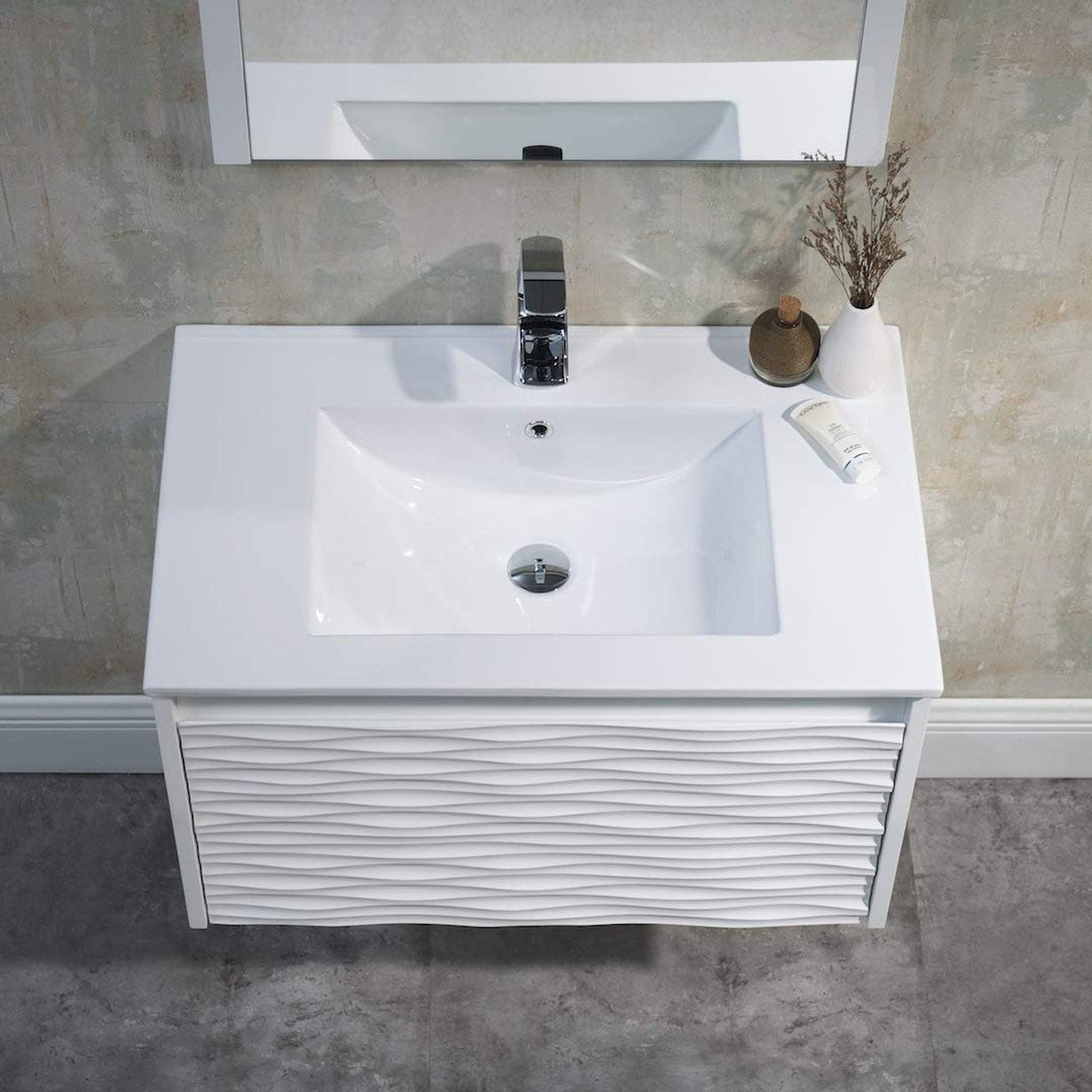 Blossom Paris 30" 1-Drawer White Wall-Mounted Vanity Set With Ceramic Top, Integrated Single Sink and Mirror