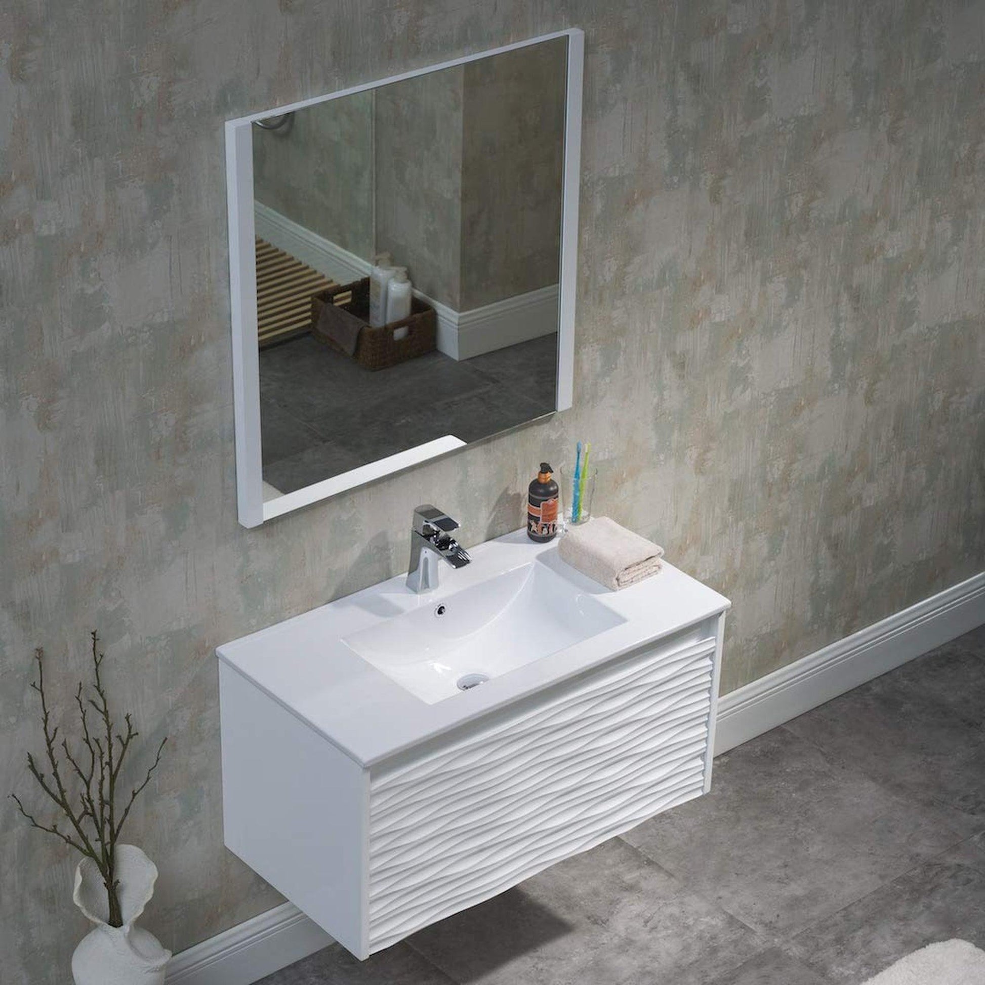 Blossom Paris 36" 1-Drawer White Wall-Mounted Vanity Set With Ceramic Top, Integrated Single Sink and Mirror