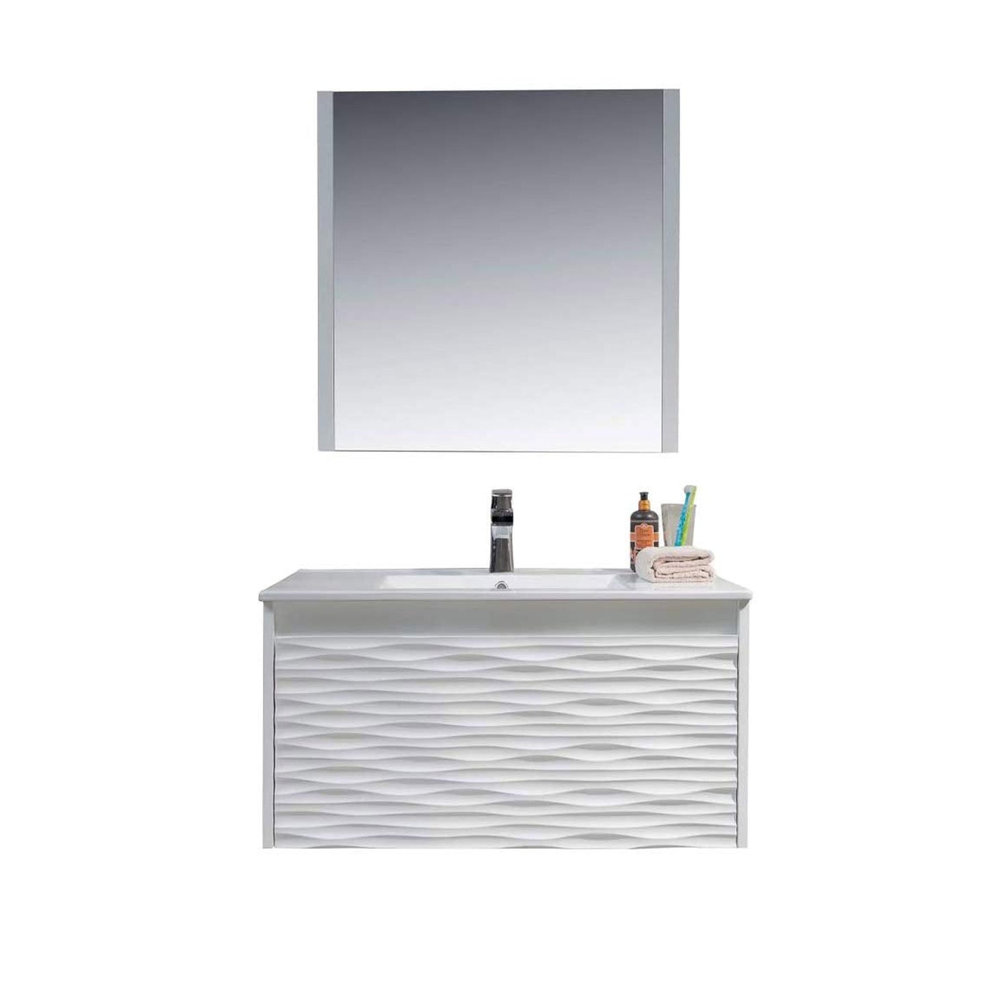 Blossom Paris 36" 1-Drawer White Wall-Mounted Vanity Set With Ceramic Top, Integrated Single Sink and Mirror