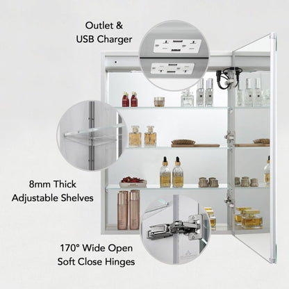 Blossom Pillar 24" x 32" Recessed or Surface Mount Right-Hinged Door LED Mirror Medicine Cabinet With 3 Adjustable Glass Shelves, Built-In Defogger, Dimmer, USB & Electrical Outlet
