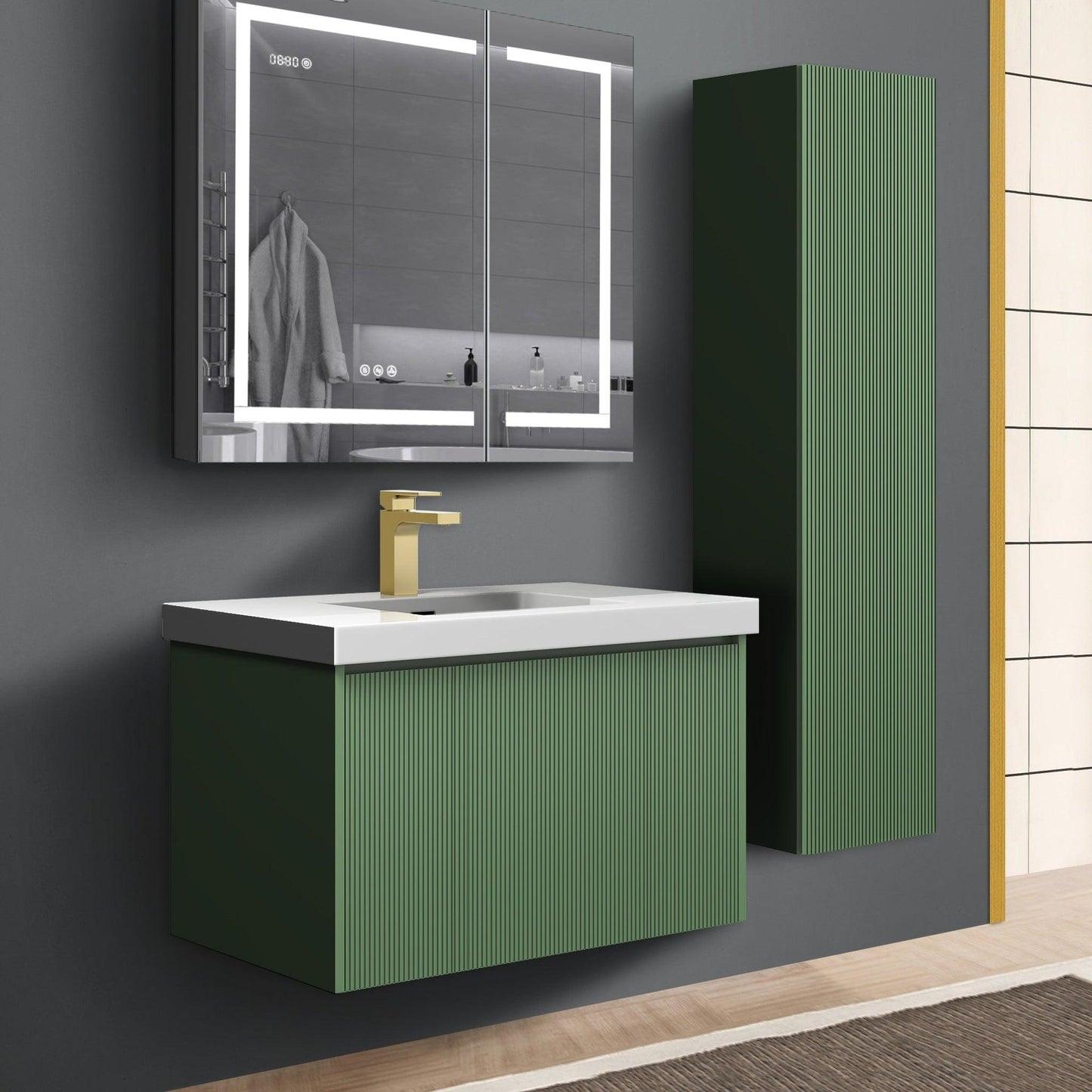 Blossom Positano 12" x 10" x 48" 1-Door Aventurine Green Wall-Mounted Side Cabinet With 1 Fixed Wood Shelve and 2 Adjustable Glass Shelves