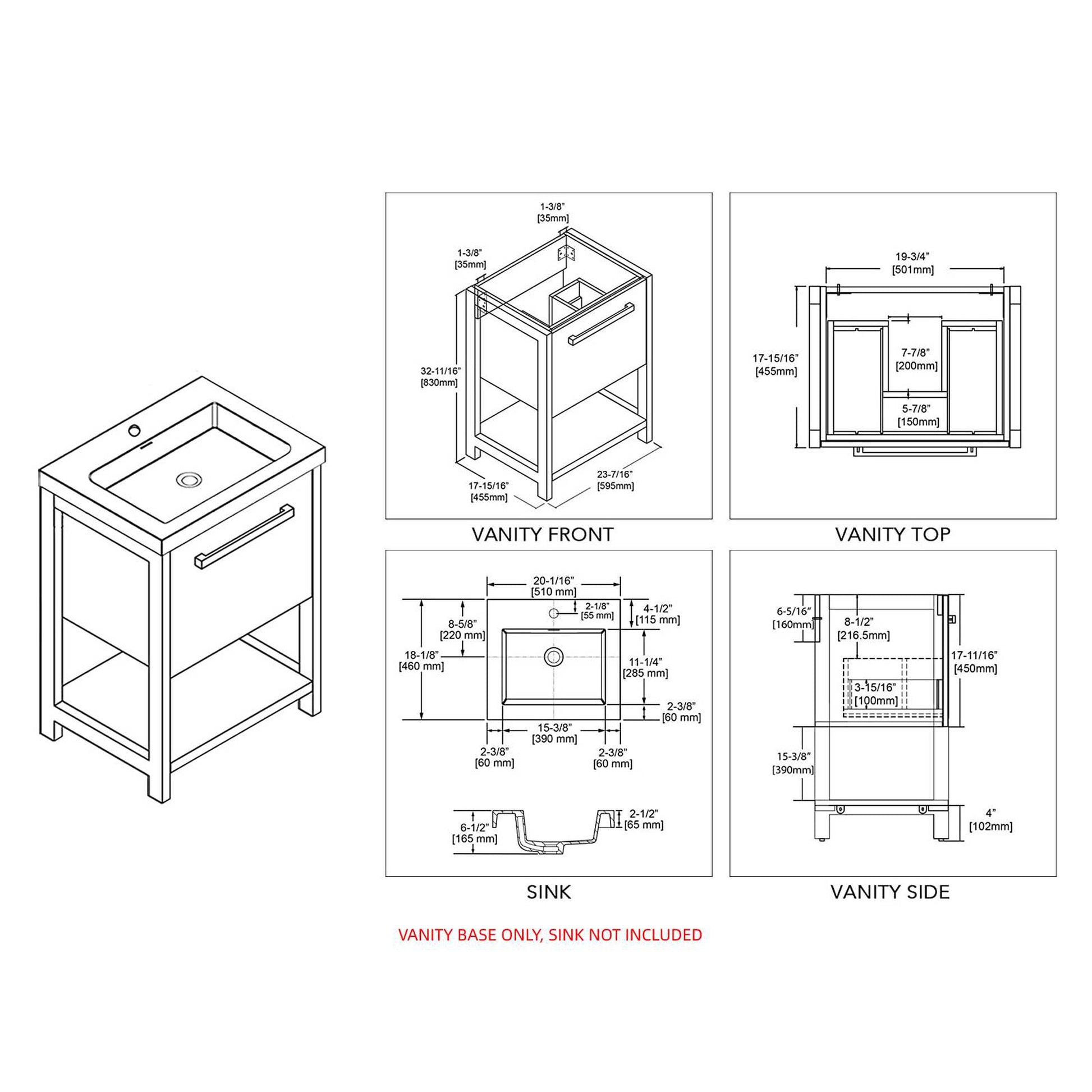 Blossom Riga 20" 1-Drawer Glossy White Freestanding Vanity Base With An Open Shelf