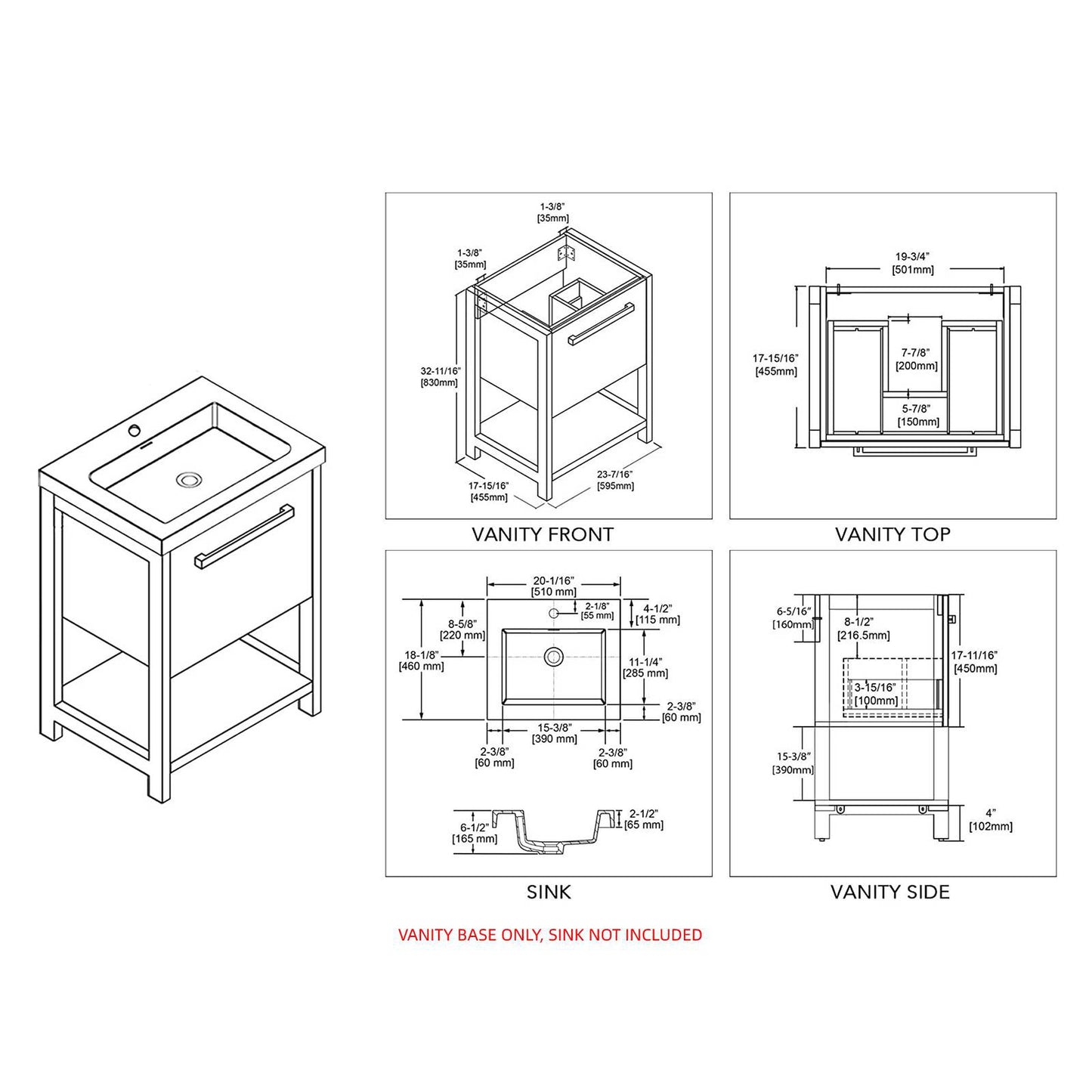 Blossom Riga 20" 1-Drawer Glossy White Freestanding Vanity Base With An Open Shelf