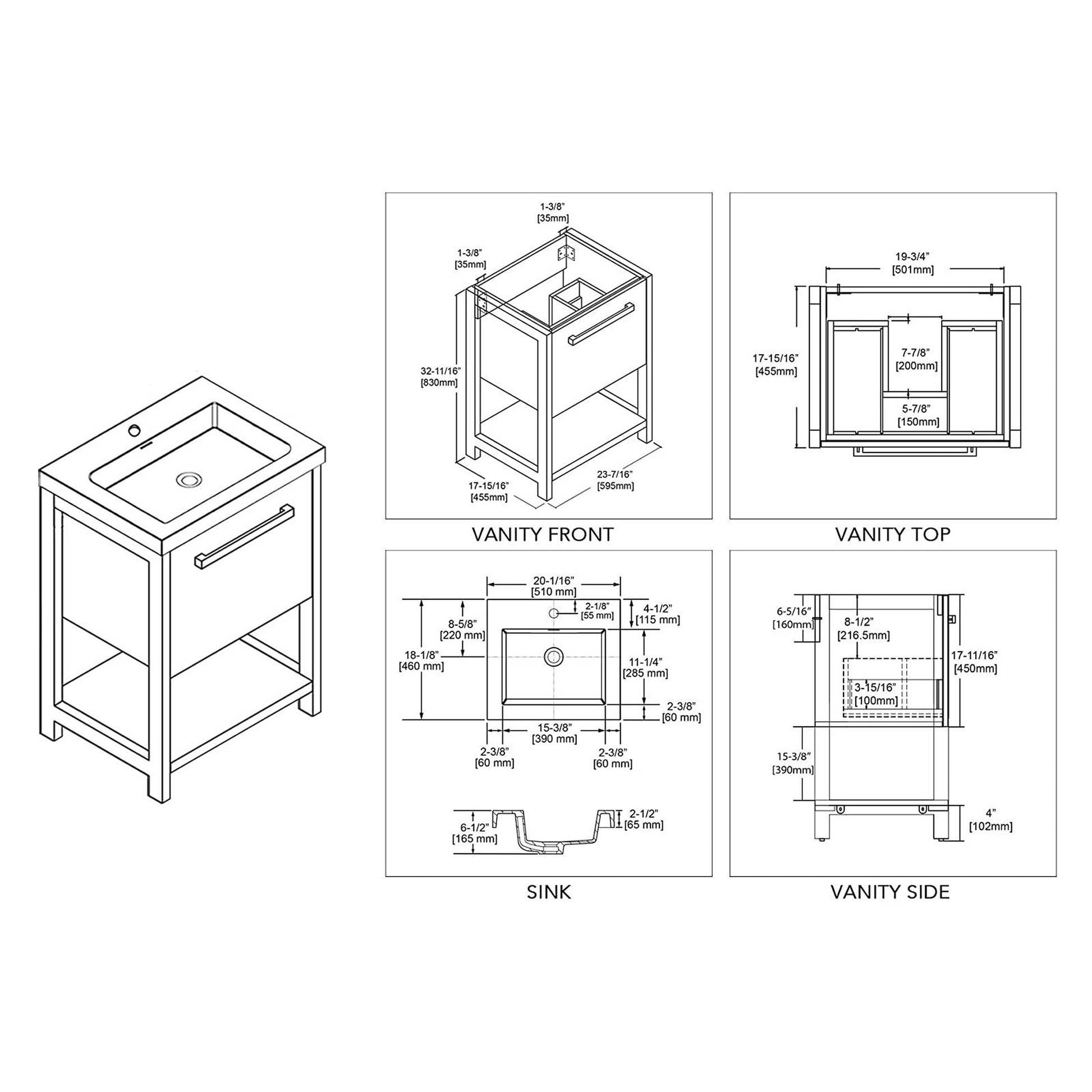 Blossom Riga 20" 1-Drawer Glossy White Freestanding Vanity Set With Acrylic Drop-In Single Sink