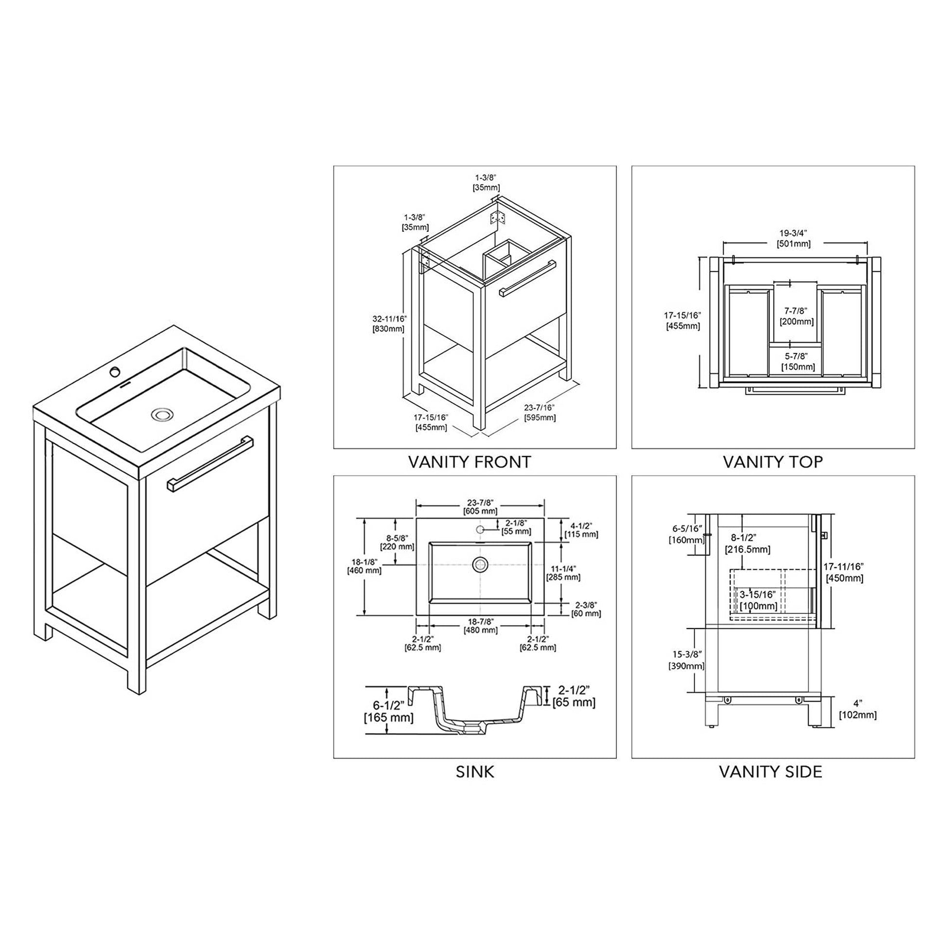 Blossom Riga 24" 1-Drawer Glossy White Freestanding Vanity Set With Acrylic Drop-In Single Sink