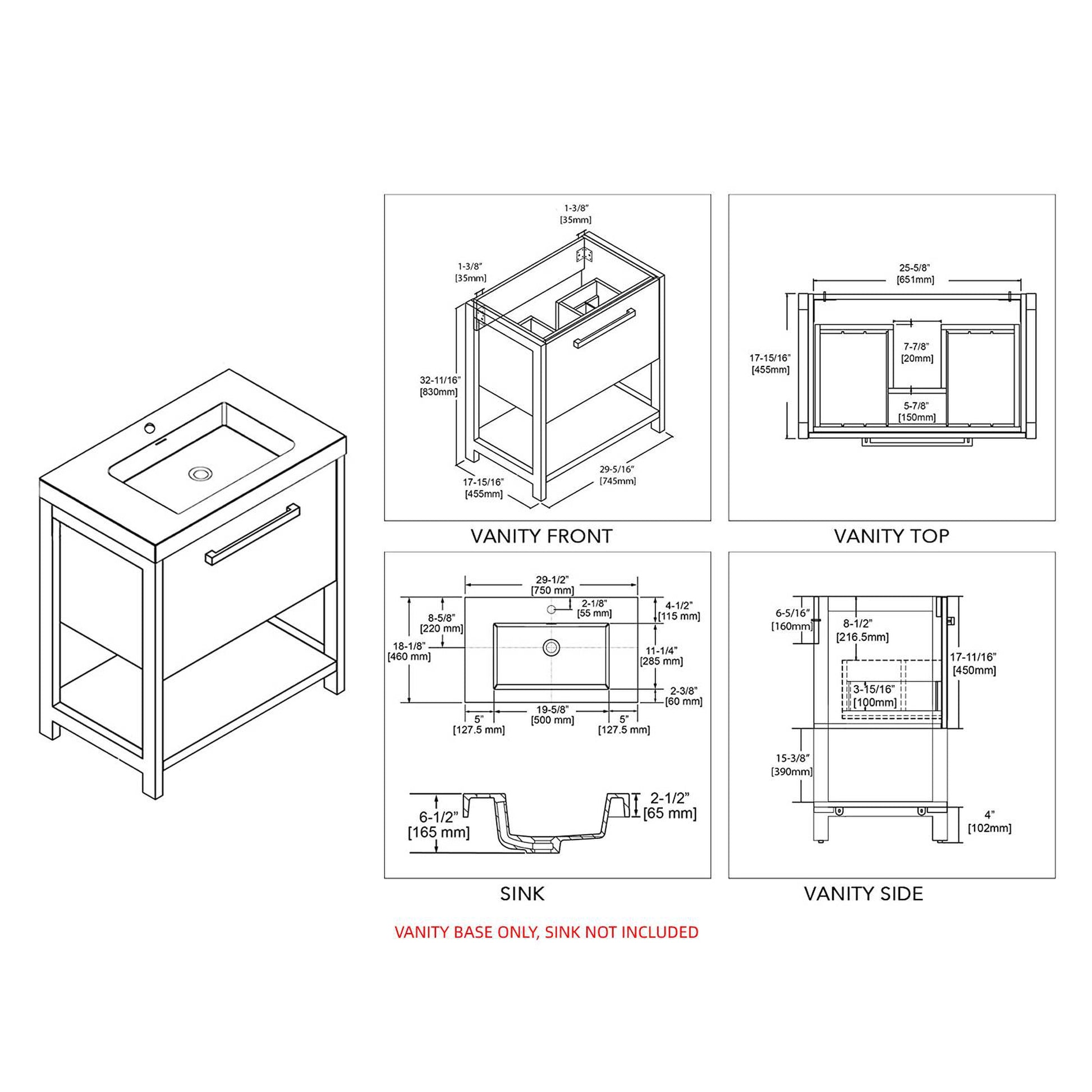 Blossom Riga 30" 1-Drawer Glossy White Freestanding Vanity Base With An Open Shelf