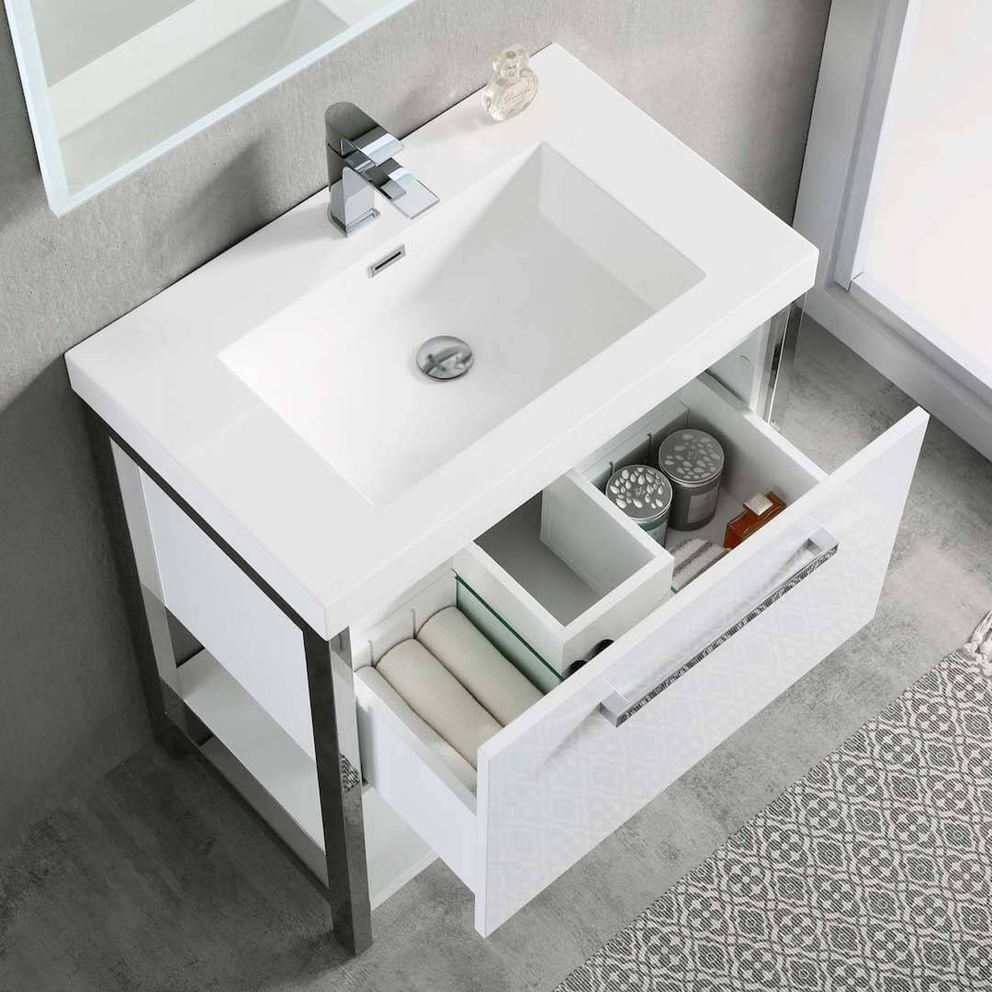 Blossom Riga 30" 1-Drawer Glossy White Freestanding Vanity Base With An Open Shelf