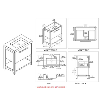 Blossom Riga 30" 1-Drawer Glossy White Freestanding Vanity Base With An Open Shelf