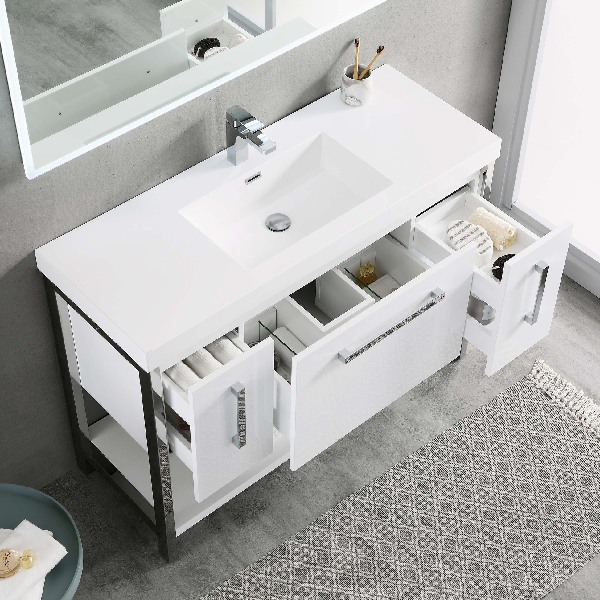 Blossom Riga 48" 3-Drawer Glossy White Freestanding Vanity Base With An Open Shelf