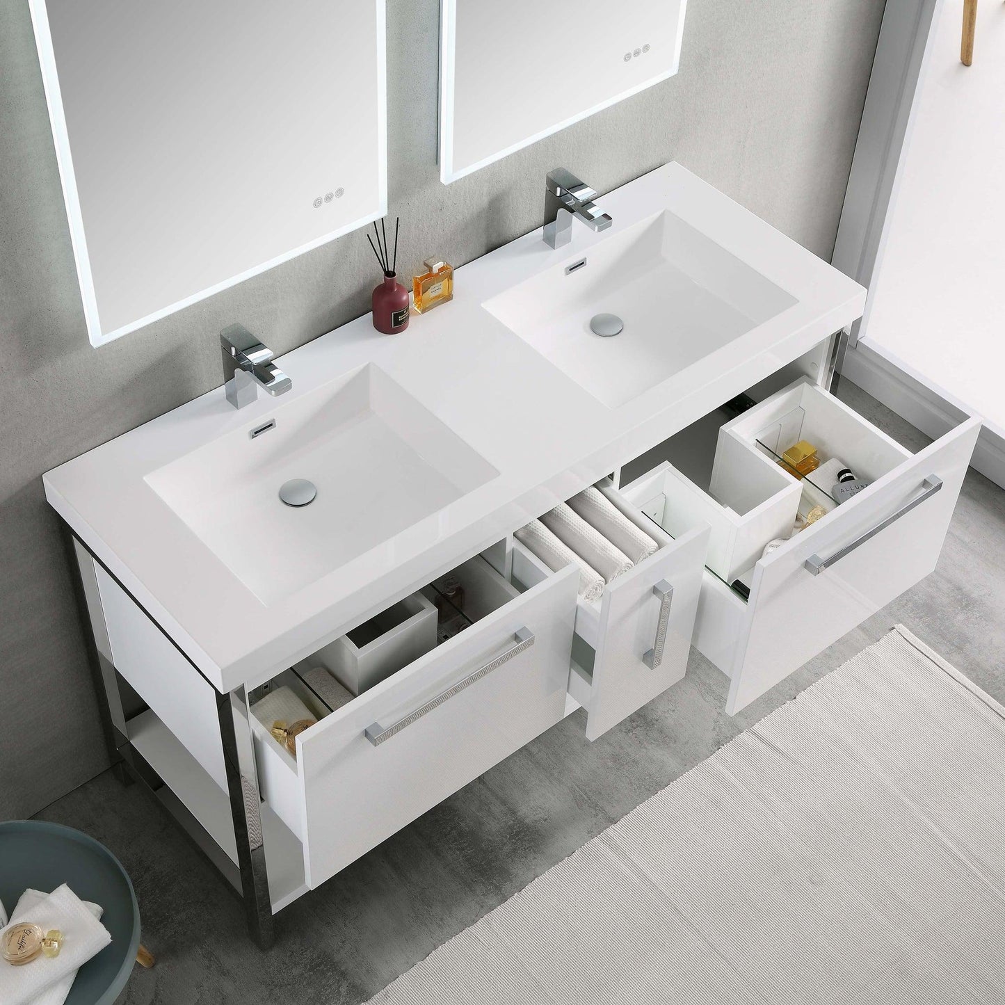 Blossom Riga 60" 3-Drawer Glossy White Freestanding Vanity Base With An Open Shelf