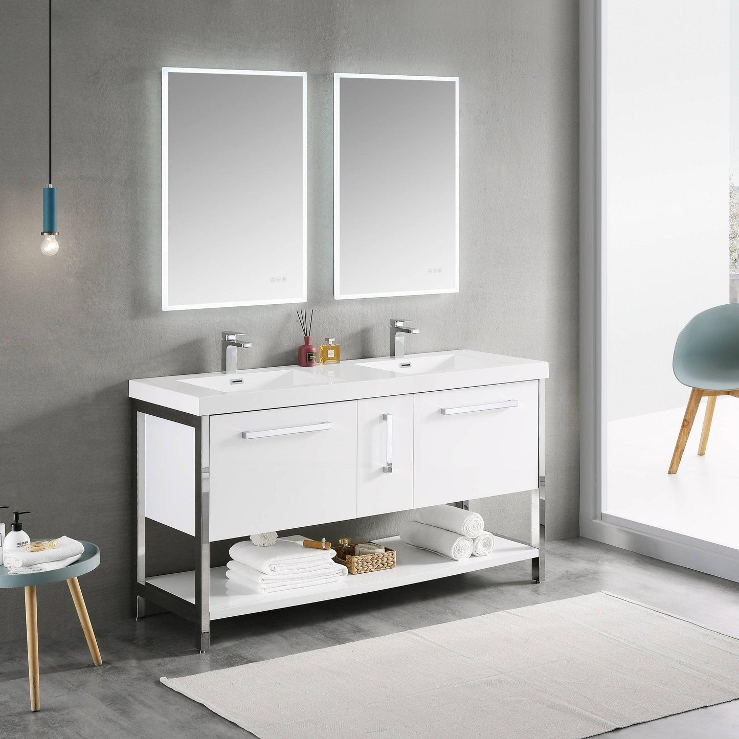 Blossom Riga 60" 3-Drawer Glossy White Freestanding Vanity Set With Acrylic Drop-In Double Sinks