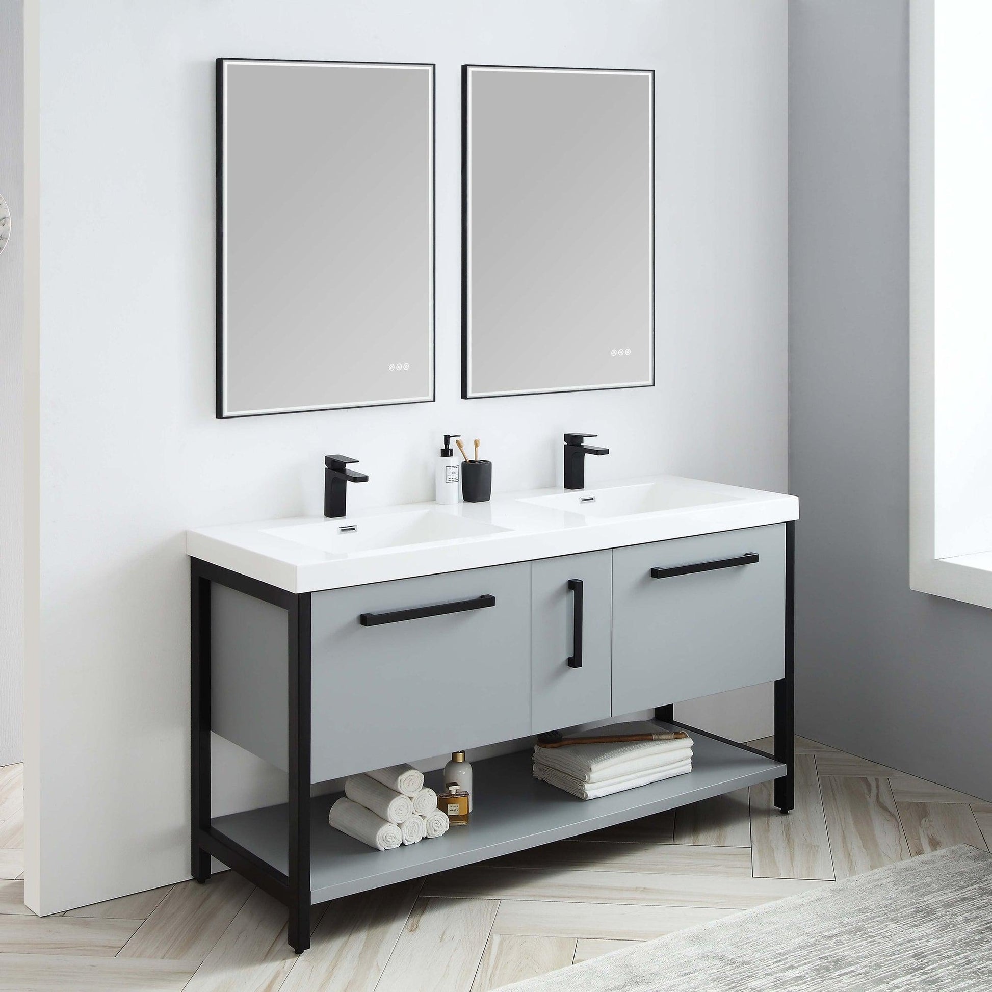 Blossom Riga 60" 3-Drawer Metal Gray Freestanding Vanity Base With An Open Shelf