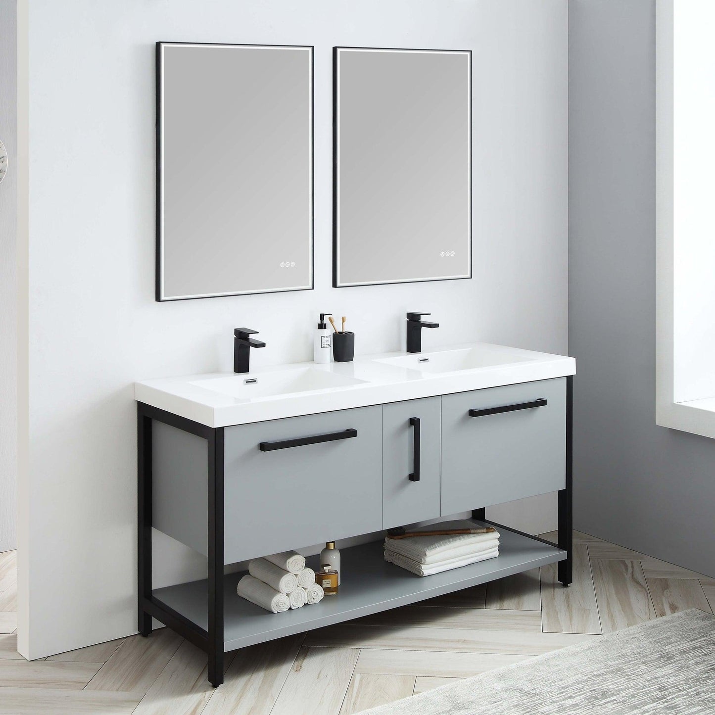 Blossom Riga 60" 3-Drawer Metal Gray Freestanding Vanity Set With Acrylic Drop-In Double Sinks