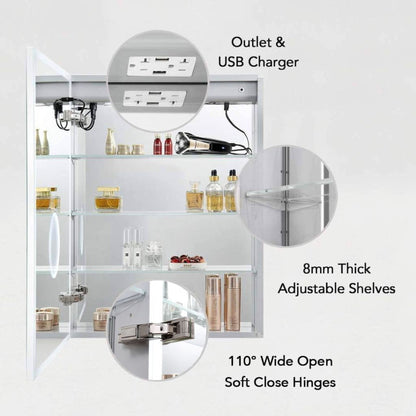 Blossom Sirius 24" x 32" Recessed or Surface Mount Left-Hinged Door LED Mirror Medicine Cabinet With 3 Adjustable Glass Shelves, Built-In Defogger, Dimmer, USB & Electrical Outlet