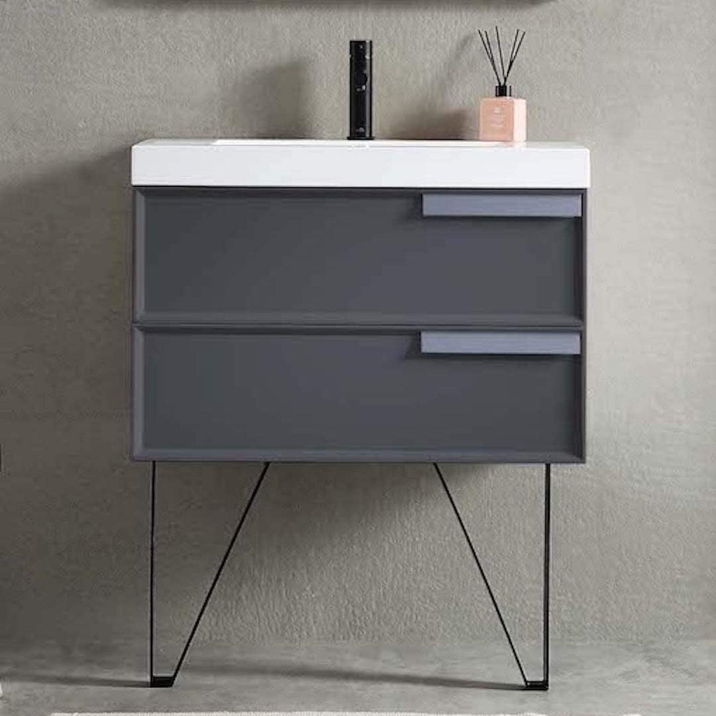 Blossom Sofia 30" 2-Drawer Matte Gray Wall-Mounted Vanity Set With Acrylic Top and Integrated Single Sink
