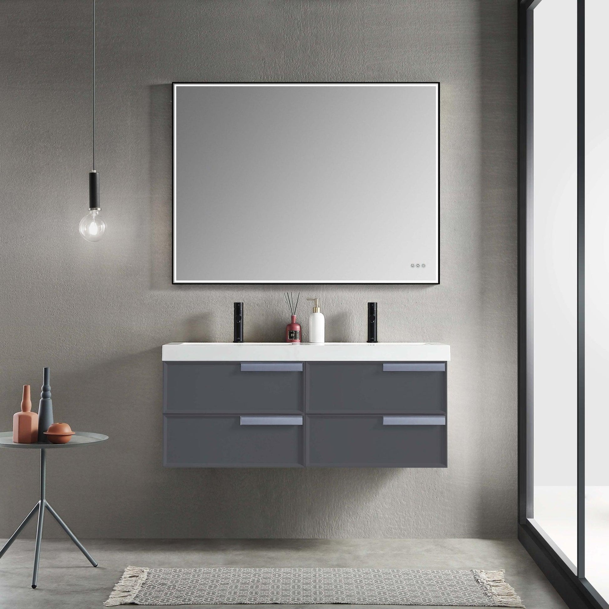 Blossom Sofia 48" 4-Drawer Matte Gray Wall-Mounted Vanity Set With Acrylic Top and Integrated Double Sinks