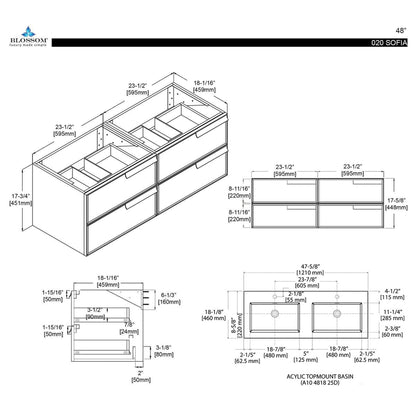 Blossom Sofia 48" 4-Drawer Matte Gray Wall-Mounted Vanity Set With Acrylic Top and Integrated Double Sinks