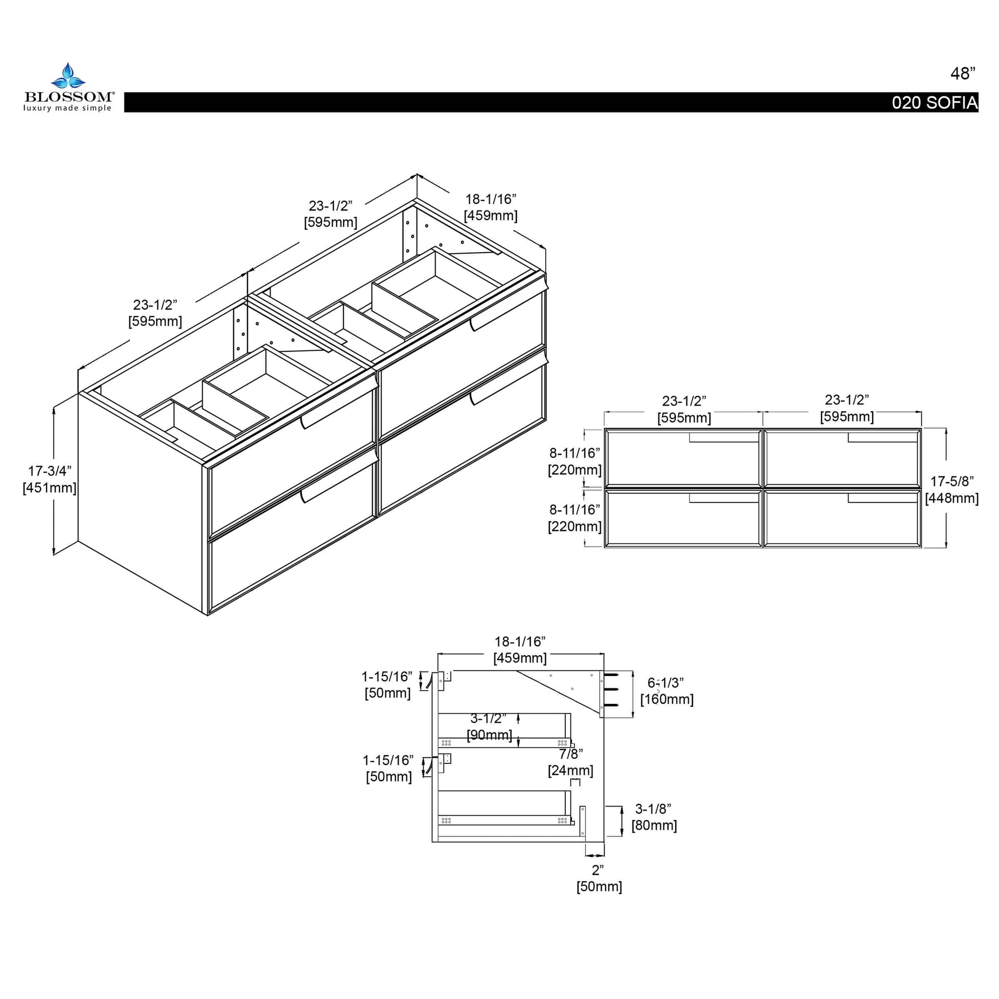 Blossom Sofia 48" 4-Drawer White Wall-Mounted Vanity Base