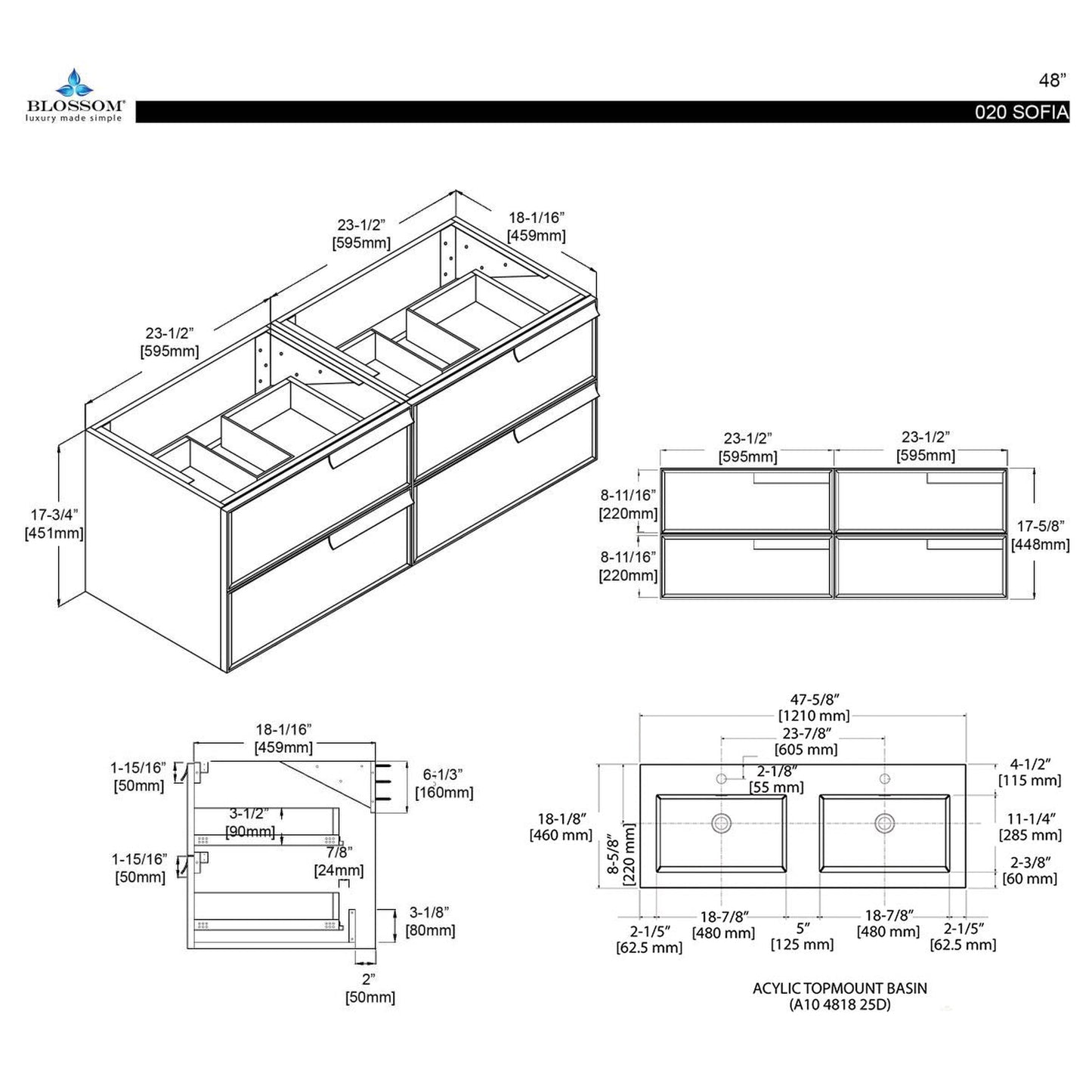 Blossom Sofia 48" 4-Drawer White Wall-Mounted Vanity Set With Acrylic Top and Integrated Double Sinks