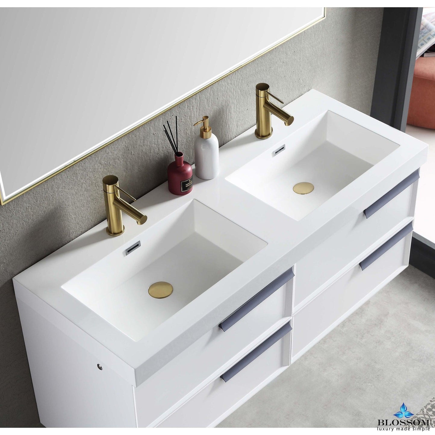 Blossom Sofia 48" 4-Drawer White Wall-Mounted Vanity Set With Acrylic Top and Integrated Double Sinks