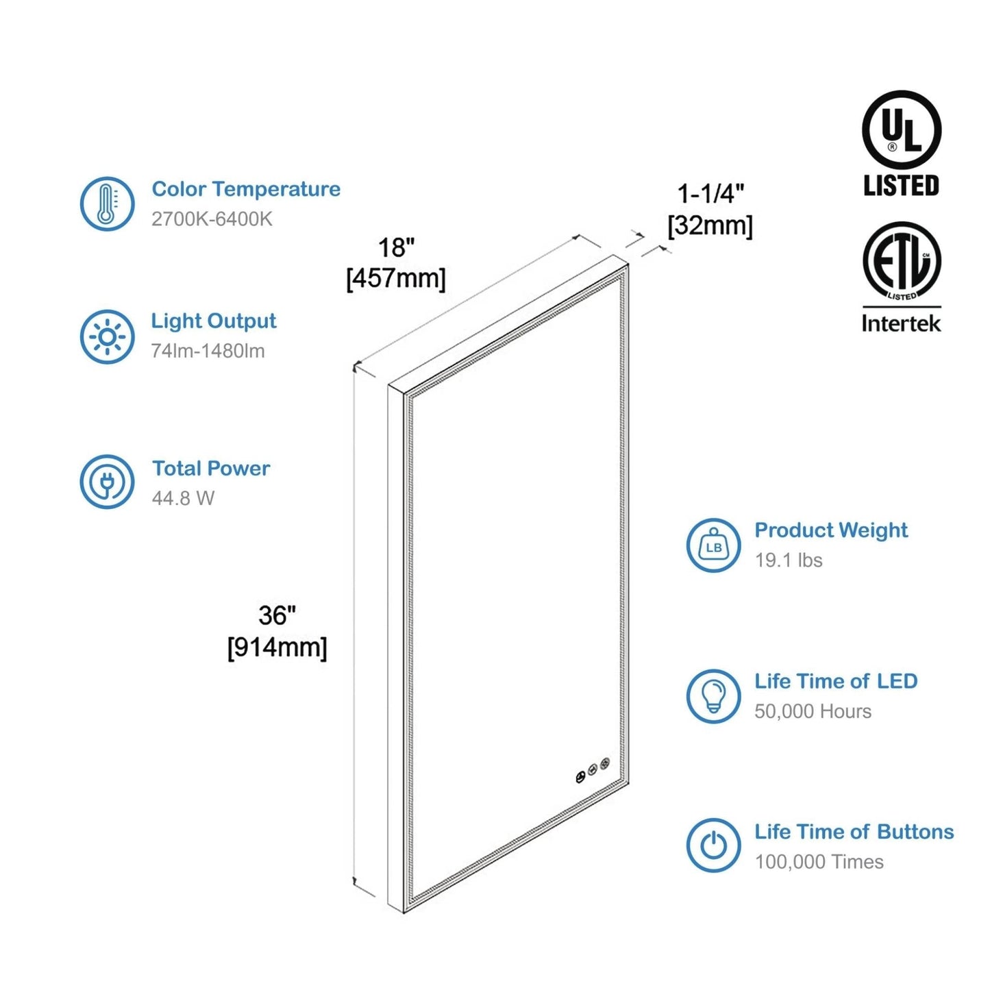 Blossom Stellar 18" x 36" Matte Black Hardwired Wall-Mounted Rectangle LED Mirror