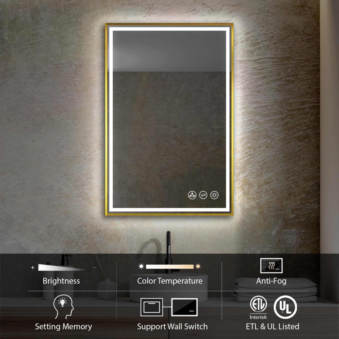 Blossom Stellar 24" x 36" Brushed Gold Hardwired Wall-Mounted Rectangle LED Mirror