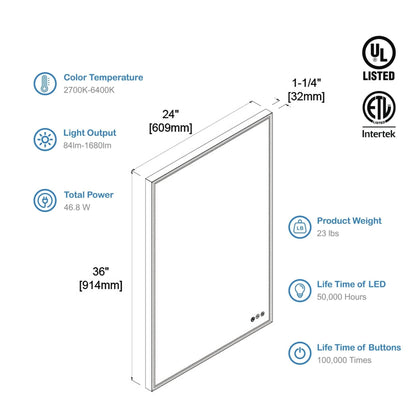 Blossom Stellar 24" x 36" Brushed Gold Hardwired Wall-Mounted Rectangle LED Mirror