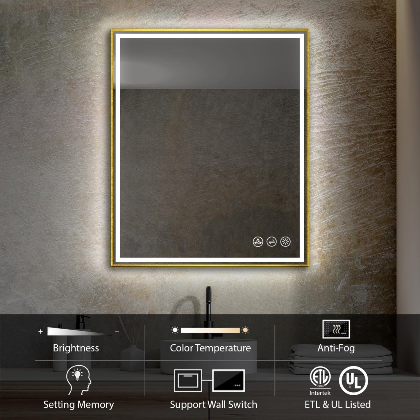 Blossom Stellar 30" x 36" Brushed Gold Wall-Mounted Rectangle LED Mirror