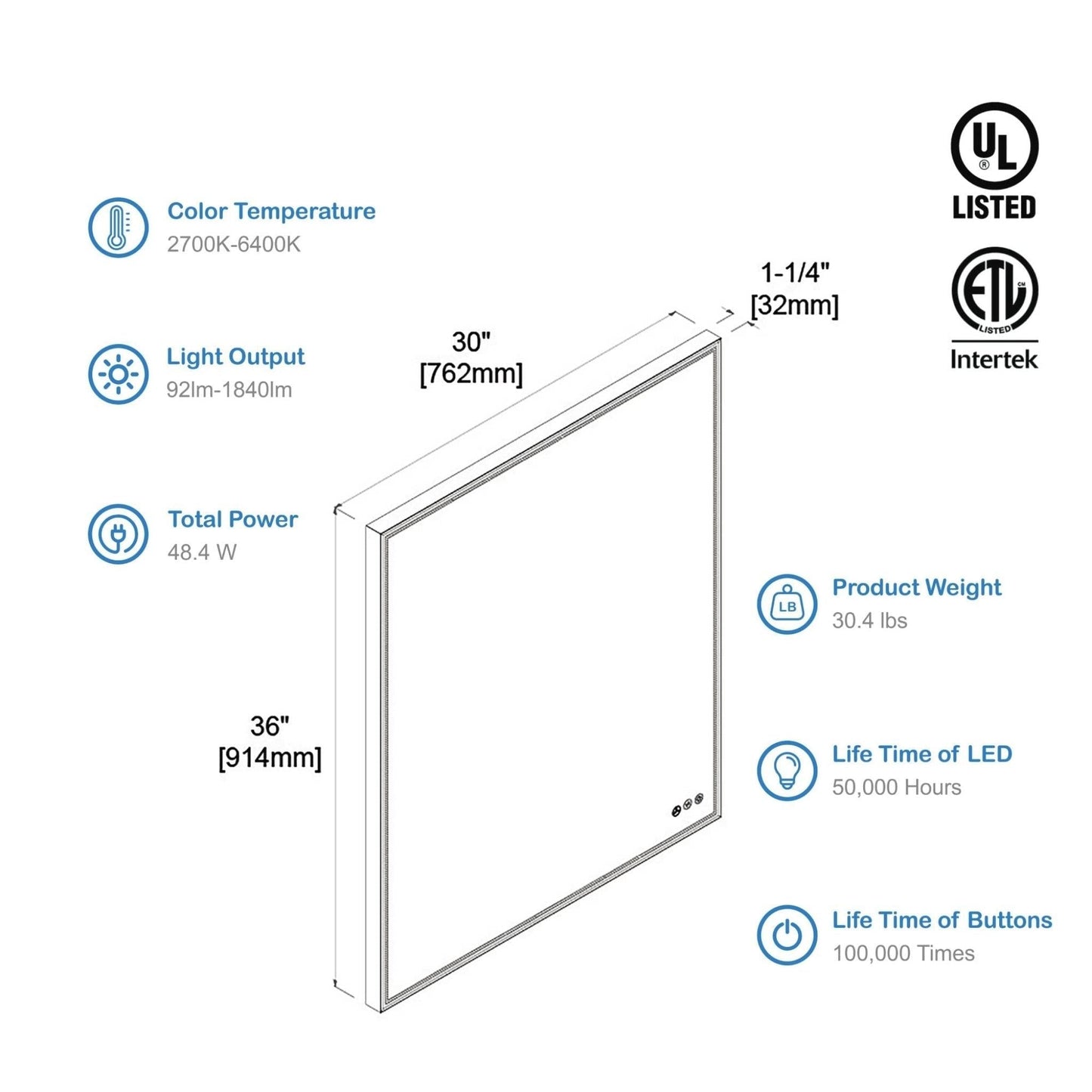 Blossom Stellar 30" x 36" Brushed Gold Wall-Mounted Rectangle LED Mirror